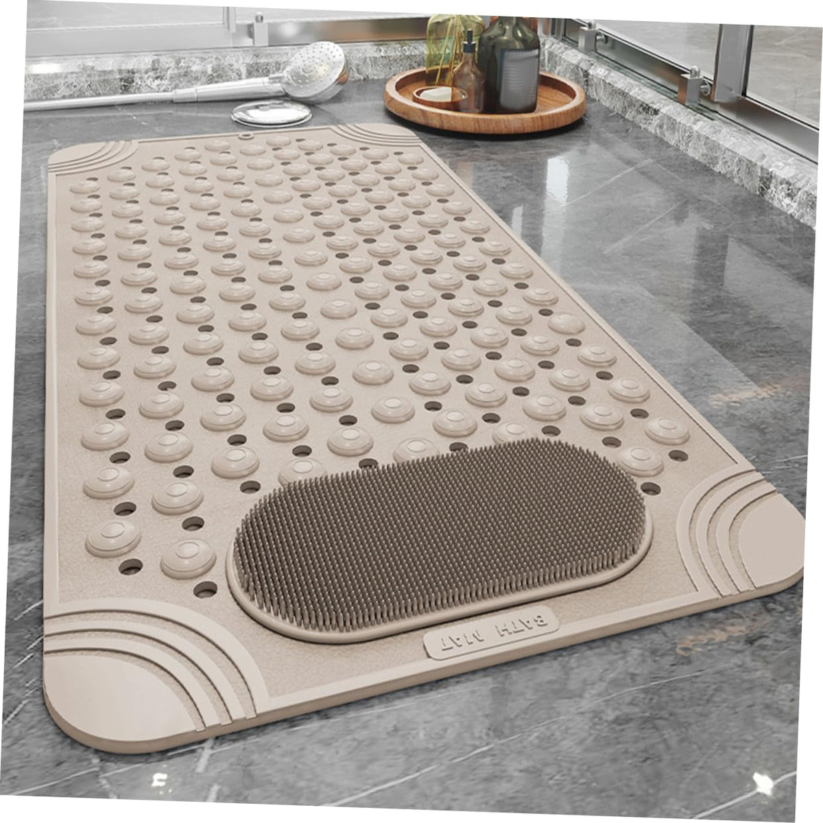 Non-Slip Bath Mat with Foot Scrubber – 70 x 36 cm, Anti-Skid Suction Cups & Drain Holes, Waterproof Shower Floor Pad with Exfoliating Brush(Grey)