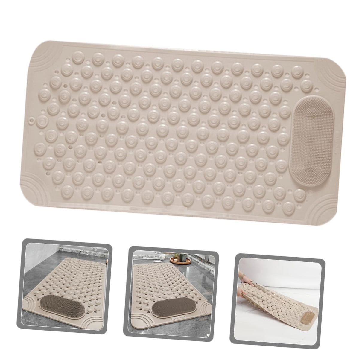 Non-Slip Bath Mat with Foot Scrubber – 80 x 50 cm, Anti-Skid Suction Cups & Drain Holes, Waterproof Shower Floor Pad with Exfoliating Brush(Grey)