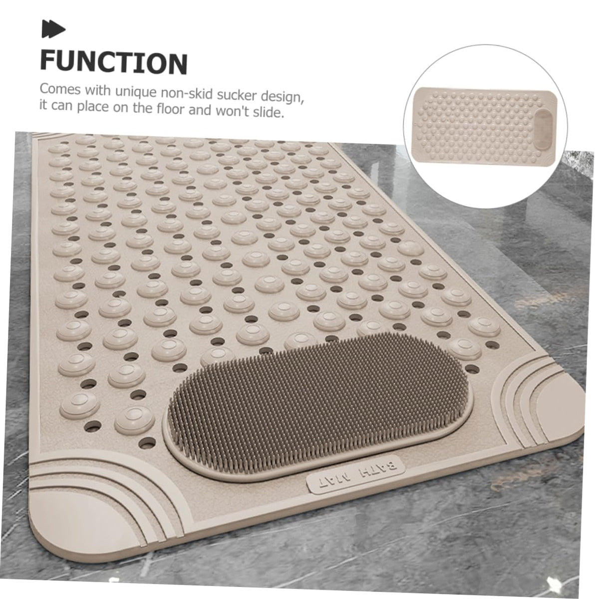 Non-Slip Bath Mat with Foot Scrubber – 80 x 50 cm, Anti-Skid Suction Cups & Drain Holes, Waterproof Shower Floor Pad with Exfoliating Brush(Grey)