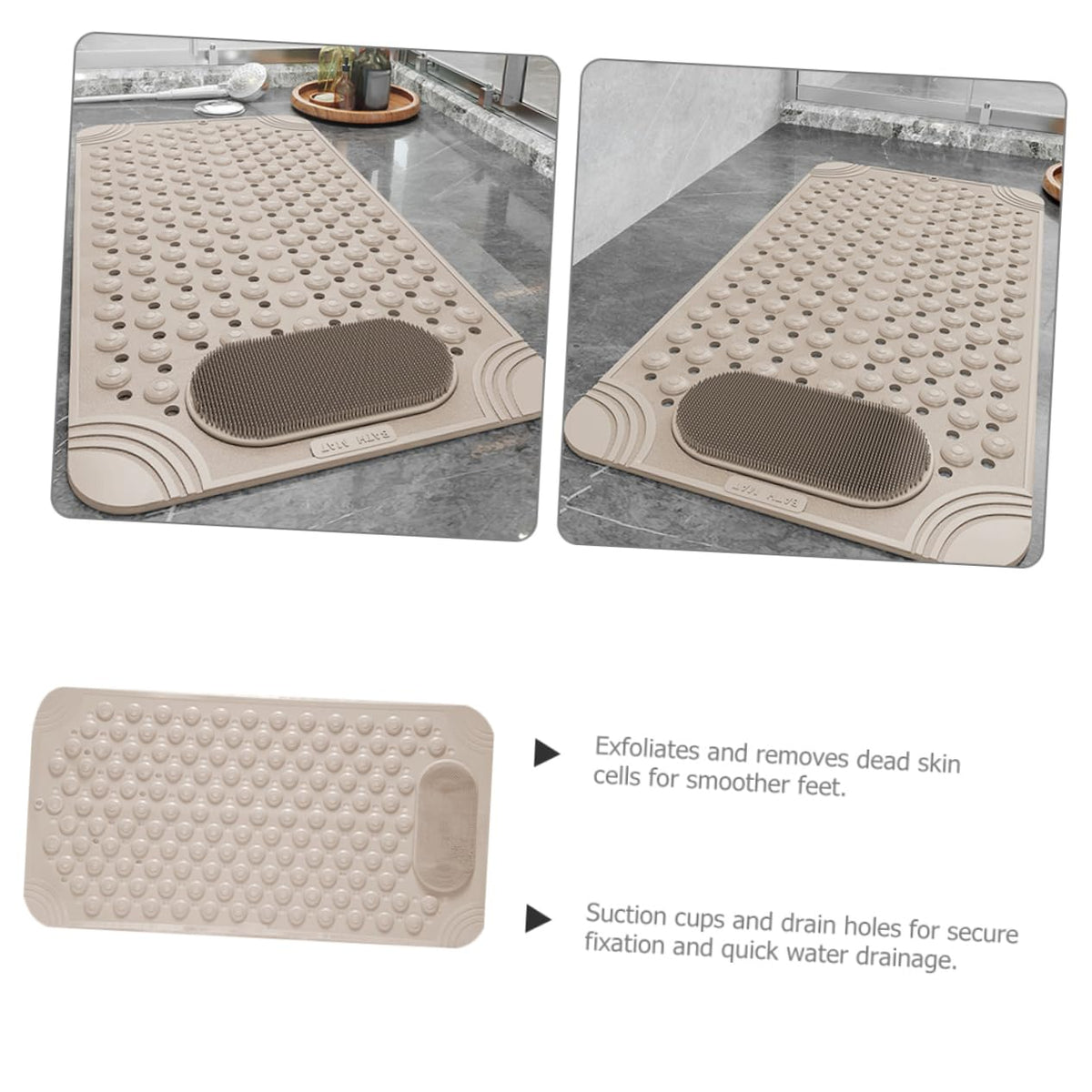Non-Slip Bath Mat with Foot Scrubber – 90 x 60 cm, Anti-Skid Suction Cups & Drain Holes, Waterproof Shower Floor Pad with Exfoliating Brush(Grey)