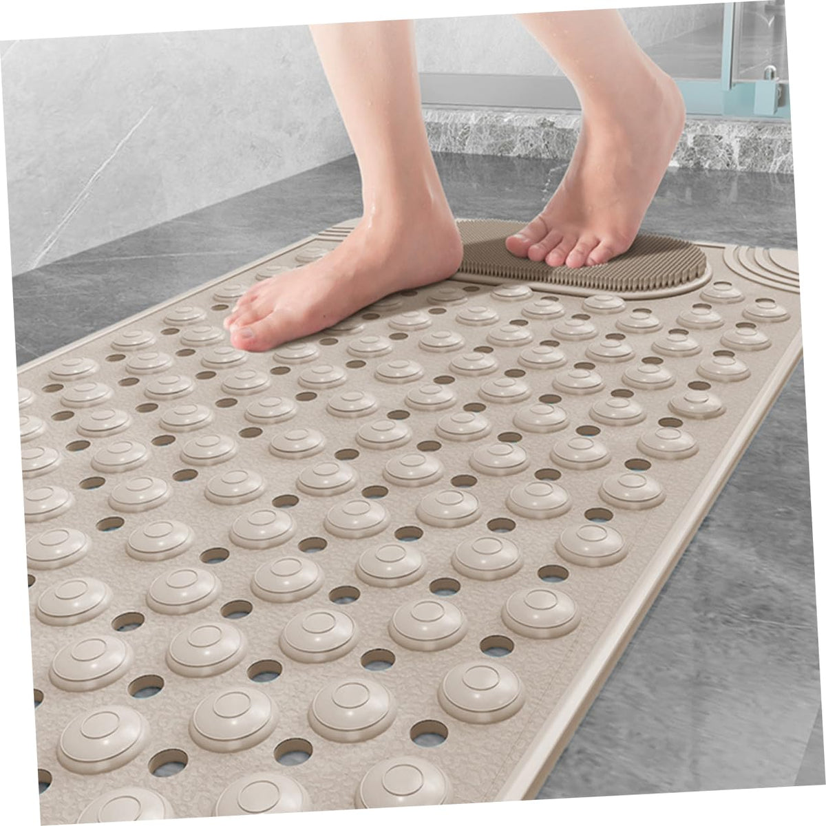 Non-Slip Bath Mat with Foot Scrubber – 90 x 60 cm, Anti-Skid Suction Cups & Drain Holes, Waterproof Shower Floor Pad with Exfoliating Brush(Grey)