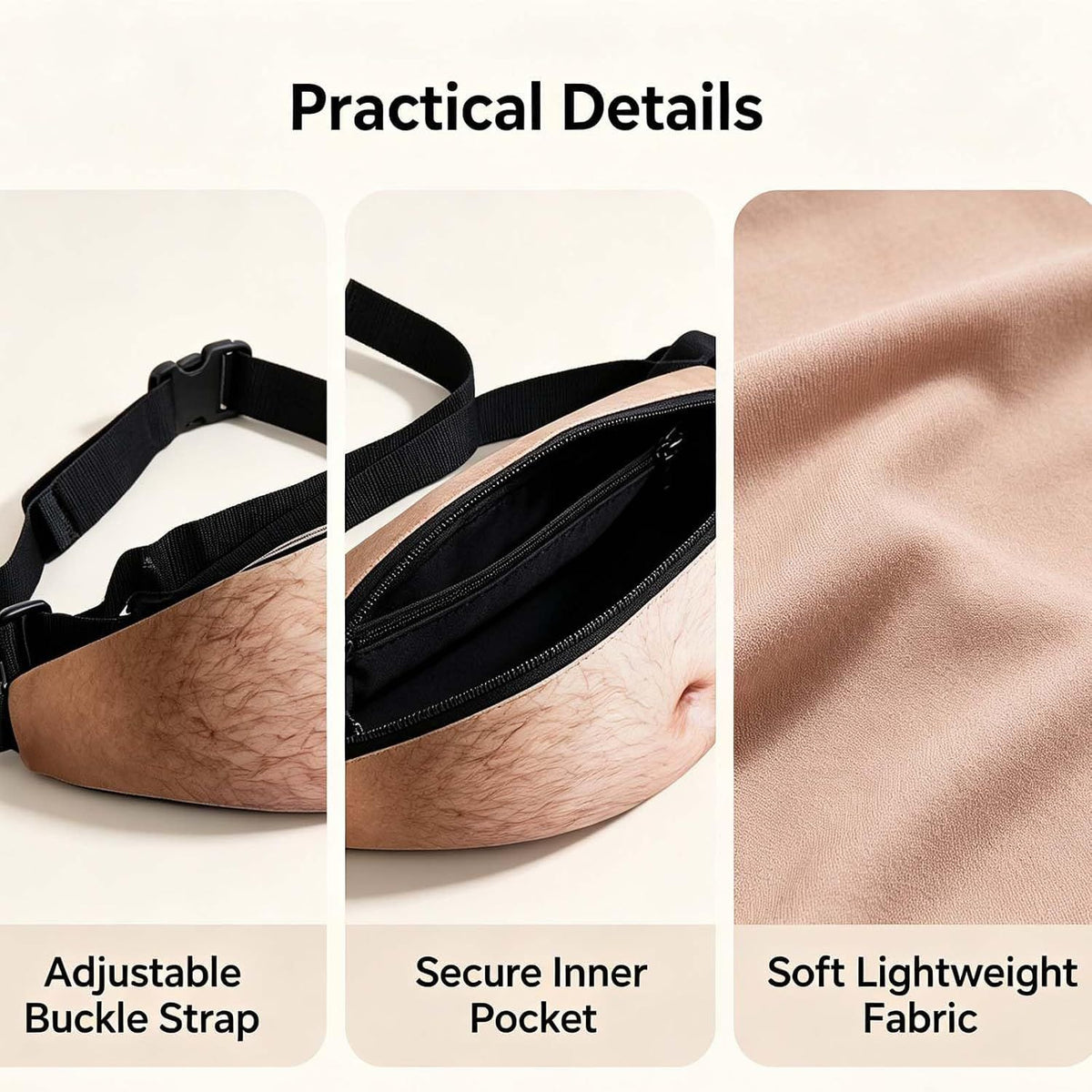Beer Belly Fanny Pack, Hairy Belly Fanny Pack, Dad Bod Belly Fanny Packs Multiple Styles, Zippered Pocket, Unisex Design, Realistic Fake Belly Waist Bag for Parties & Everyday Essentials, Muscle Abs Version