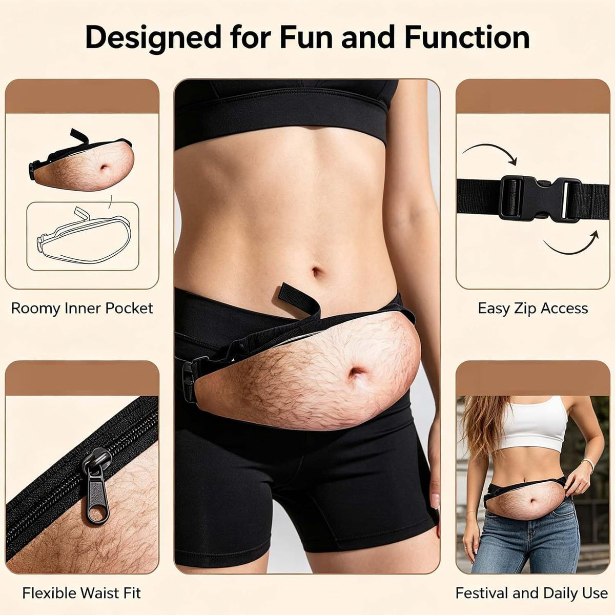 Beer Belly Fanny Pack, Hairy Belly Fanny Pack, Dad Bod Belly Fanny Packs Multiple Styles, Zippered Pocket, Unisex Design, Realistic Fake Belly Waist Bag for Parties & Everyday Essentials, Muscle Abs Version