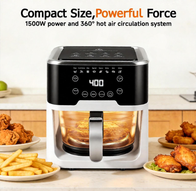 6.0QT Glass Air Fryer with Touchscreen Control – 1500W, Power-Off & Overheat Protection, Adjustable Time & Temperature, 360° Air Circulation, Dishwasher Safe & Easy Clean(white)
