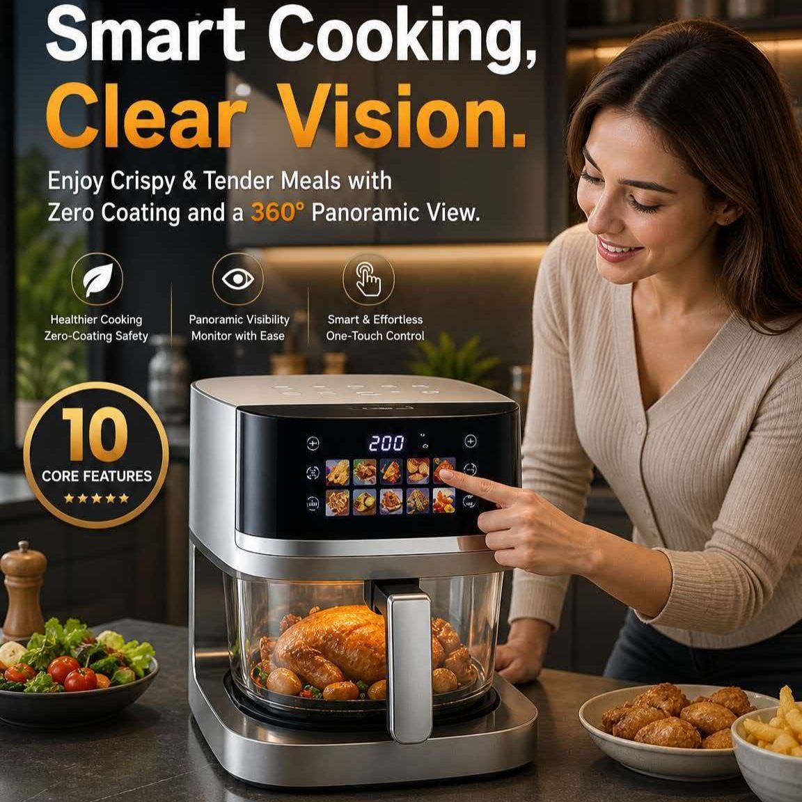5L Smart Air Fryer with 360° Visible Glass Window, Zero-Coating Titanium Pot, Large Color Screen, One-Touch Control, 200° High-Temp Roasting for Healthy Crispy Meals.(Silver)