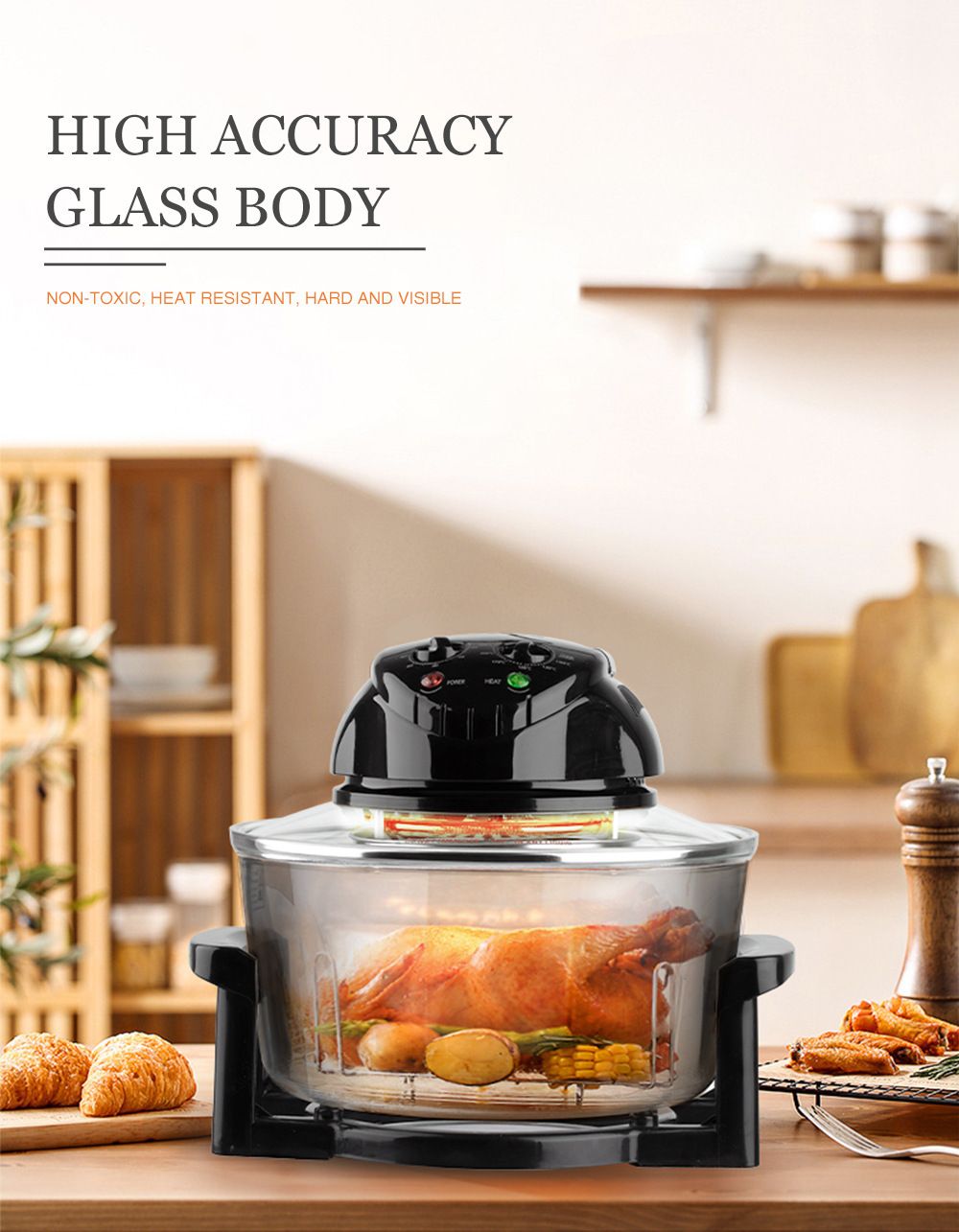 12L 8-in-1 Electric Air Fryer with 360° Panoramic Glass Bowl, 1200W Low-Fat Multi-Purpose Cooker for Roast Chicken, Pizza, and Family Meals.(black)