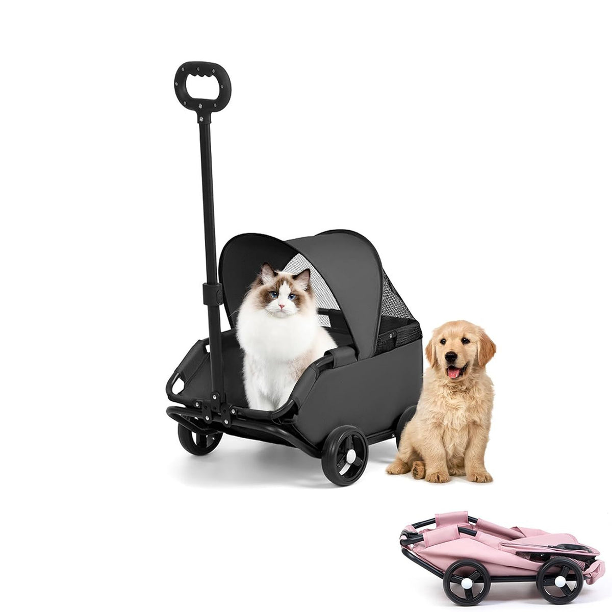 4-Wheel Dog Stroller with Sunshade Cover Collapsible Mesh Canopy Portable Pet Carrier for Outdoor Travel Shopping Walking Suitable for Small Dogs and Cats(Gray)