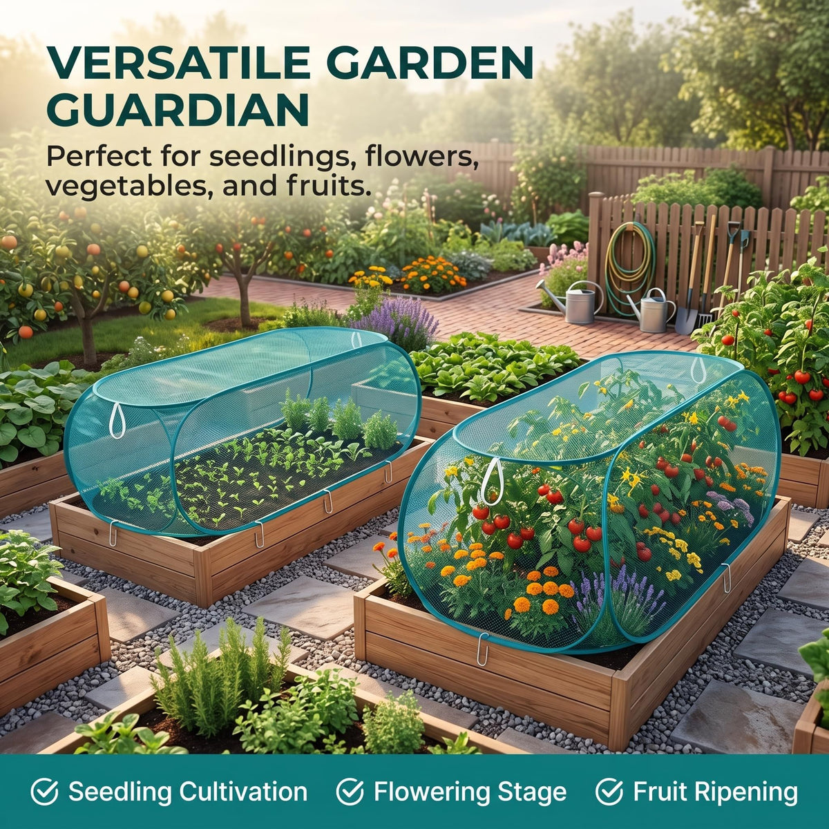 2 Pack 35.5*14*18inch  Green Garden Covers for Raised Beds,Pop Up Mesh Plant Cover, 40% Sunblock Shade Cloth Bird Pest Barrier, Vegetables, Fruits, Flowers, Crops(Teal)