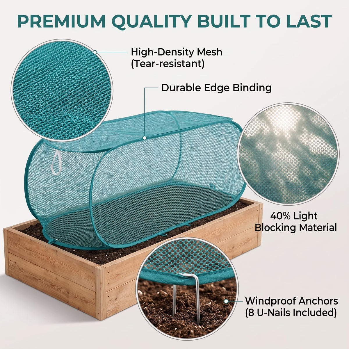 2 Pack 47*16*18inch Green Garden Covers for Raised Beds,Pop Up Mesh Plant Cover, 40% Sunblock Shade Cloth Bird Pest Barrier, Vegetables, Fruits, Flowers, Crops(Teal)