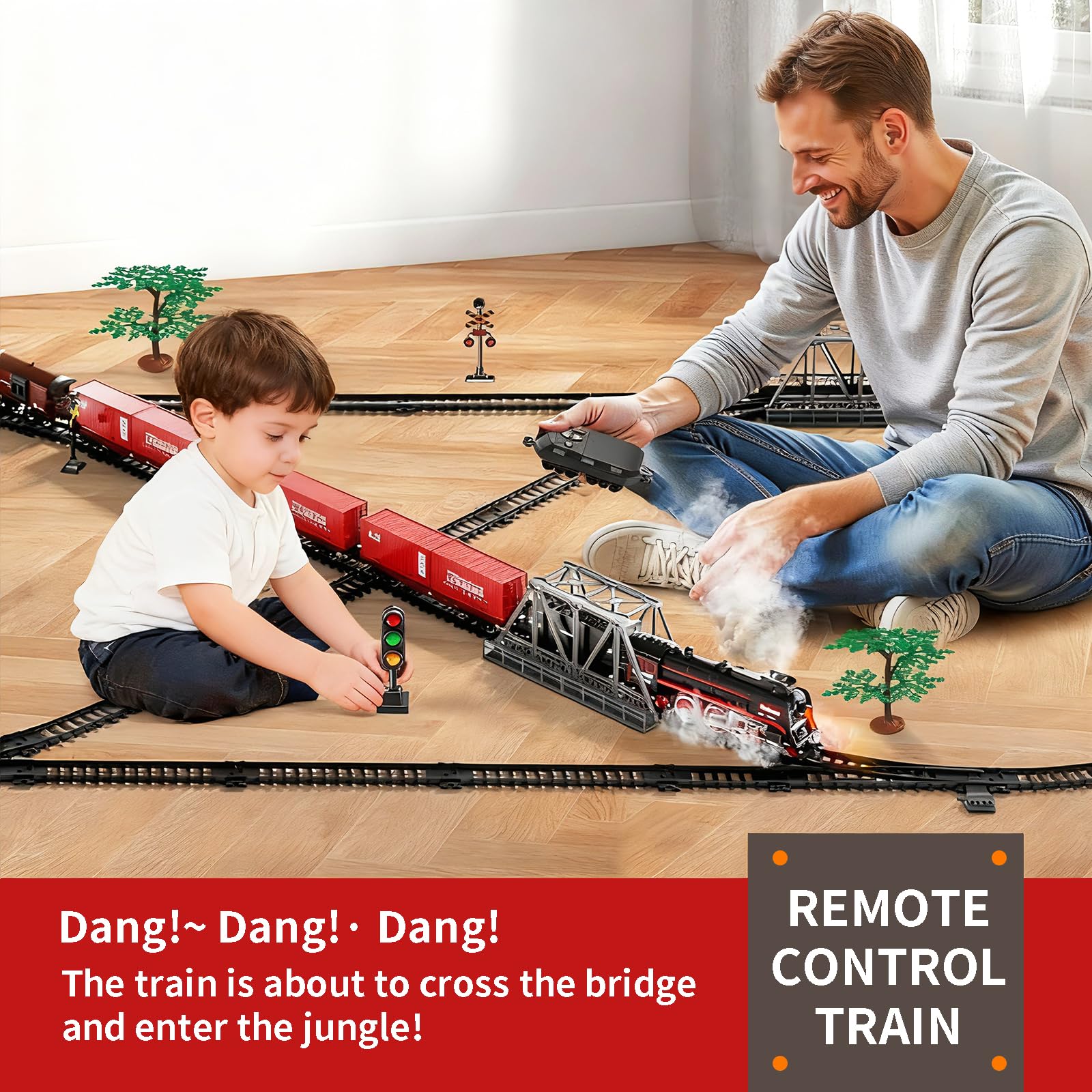 Model Train Set, Remote Control Train Toys with 3Way Smoke Locomotive, 5 Train Cars, Luxury Track Kit, Authentic Train Sounds & Lights, Rechargeable Battery, Top Present for Train Lovers (Black)