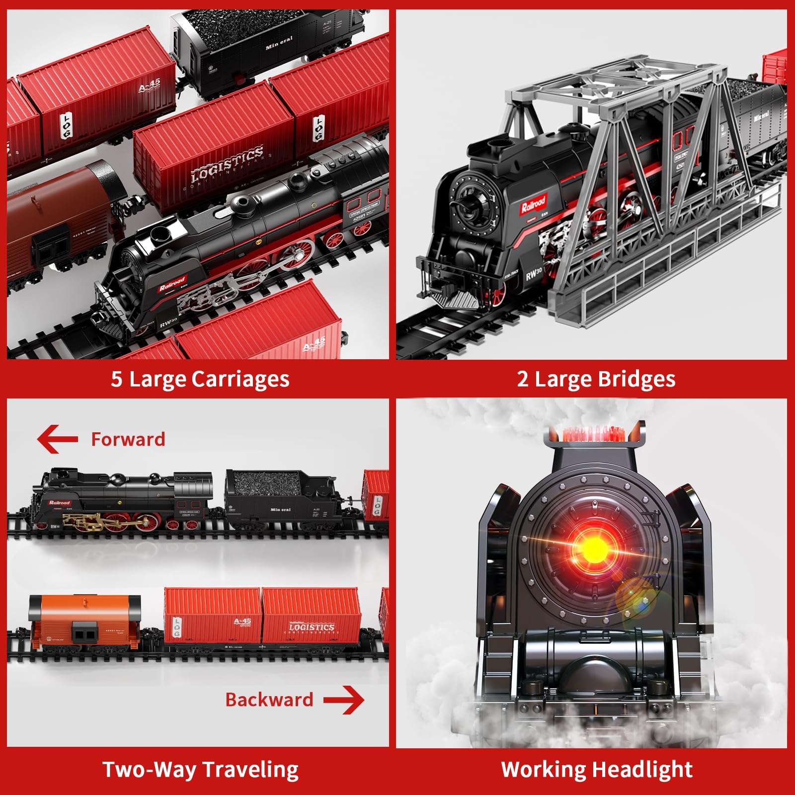 Model Train Set, Remote Control Train Toys with 3Way Smoke Locomotive, 5 Train Cars, Luxury Track Kit, Authentic Train Sounds & Lights, Rechargeable Battery, Top Present for Train Lovers (Black)