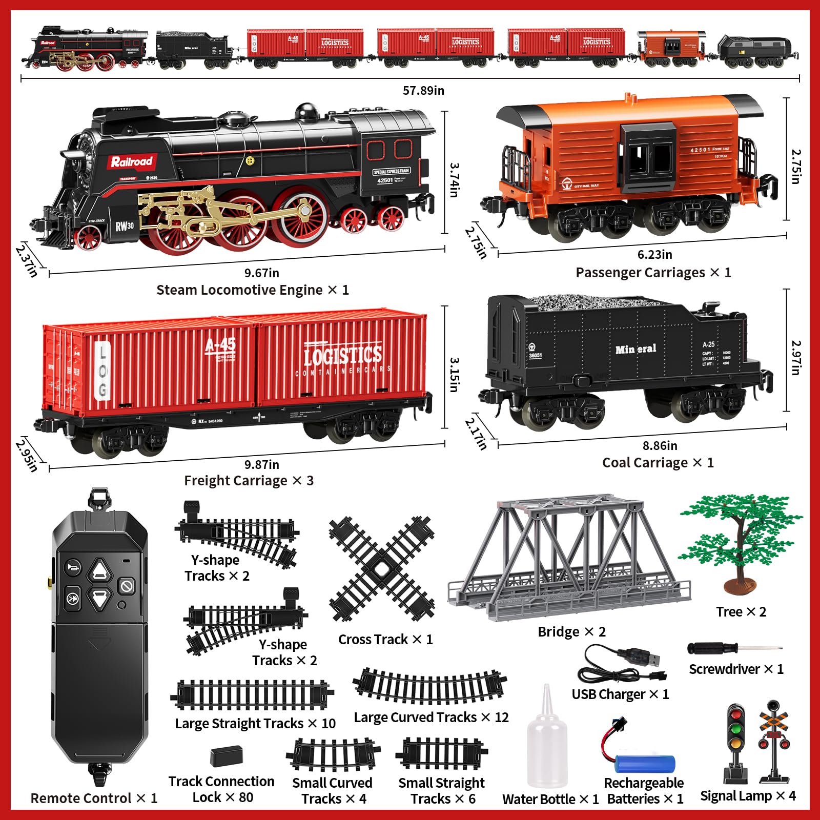 Model Train Set, Remote Control Train Toys with 3Way Smoke Locomotive, 5 Train Cars, Luxury Track Kit, Authentic Train Sounds & Lights, Rechargeable Battery, Top Present for Train Lovers (Black)