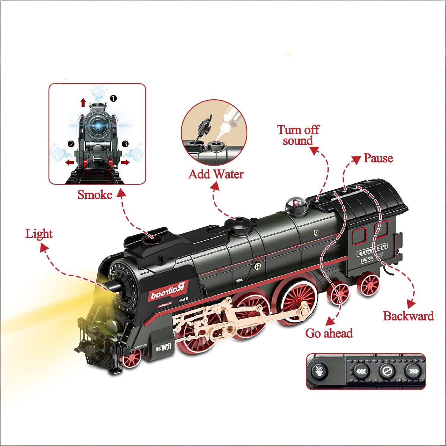 Train Set for Kids, Electric Train Toys with Realistic Light Sounds Smoke, Christmas Train Model Gifts for Toddlers Boys Girls, Steam Locomotive, Luxury Track & 2 Glowing Passenger Carriages (Black)