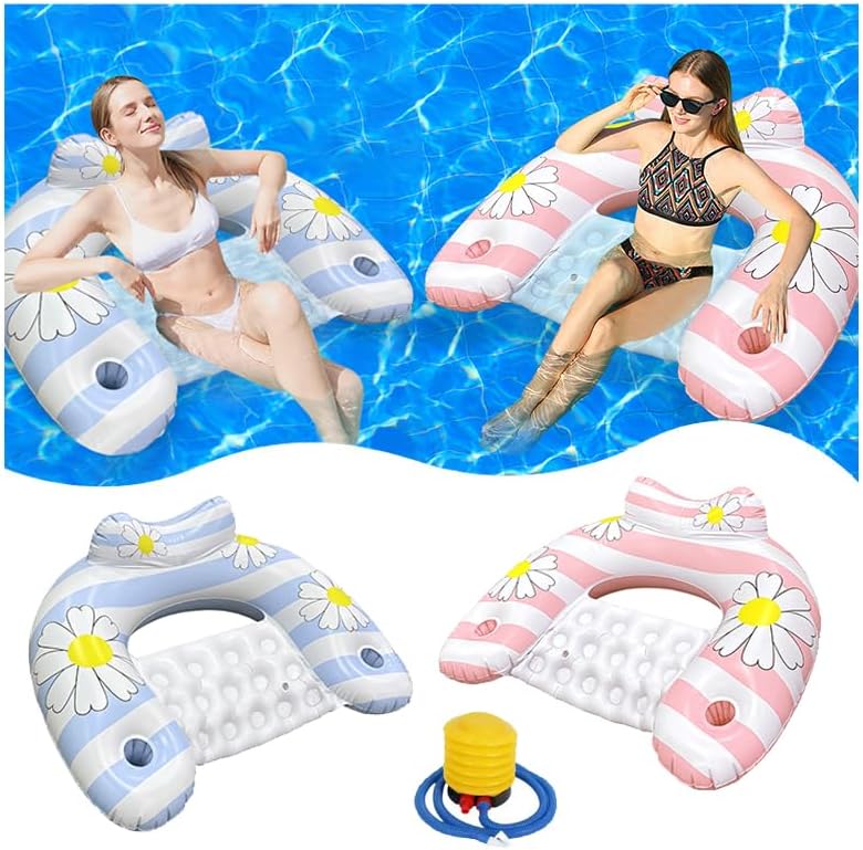 Daisy Inflatable Pool Floats 2-Pack for Adults: U-Shaped Lounge Chairs with Cup Holders, Portable for Pool, Beach, Summer Fun
