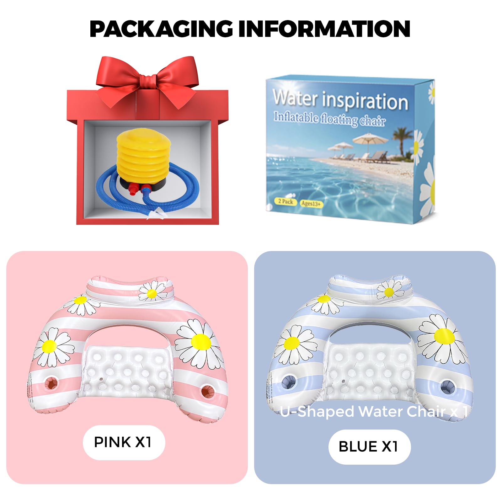 Daisy Inflatable Pool Floats 2-Pack for Adults: U-Shaped Lounge Chairs with Cup Holders, Portable for Pool, Beach, Summer Fun