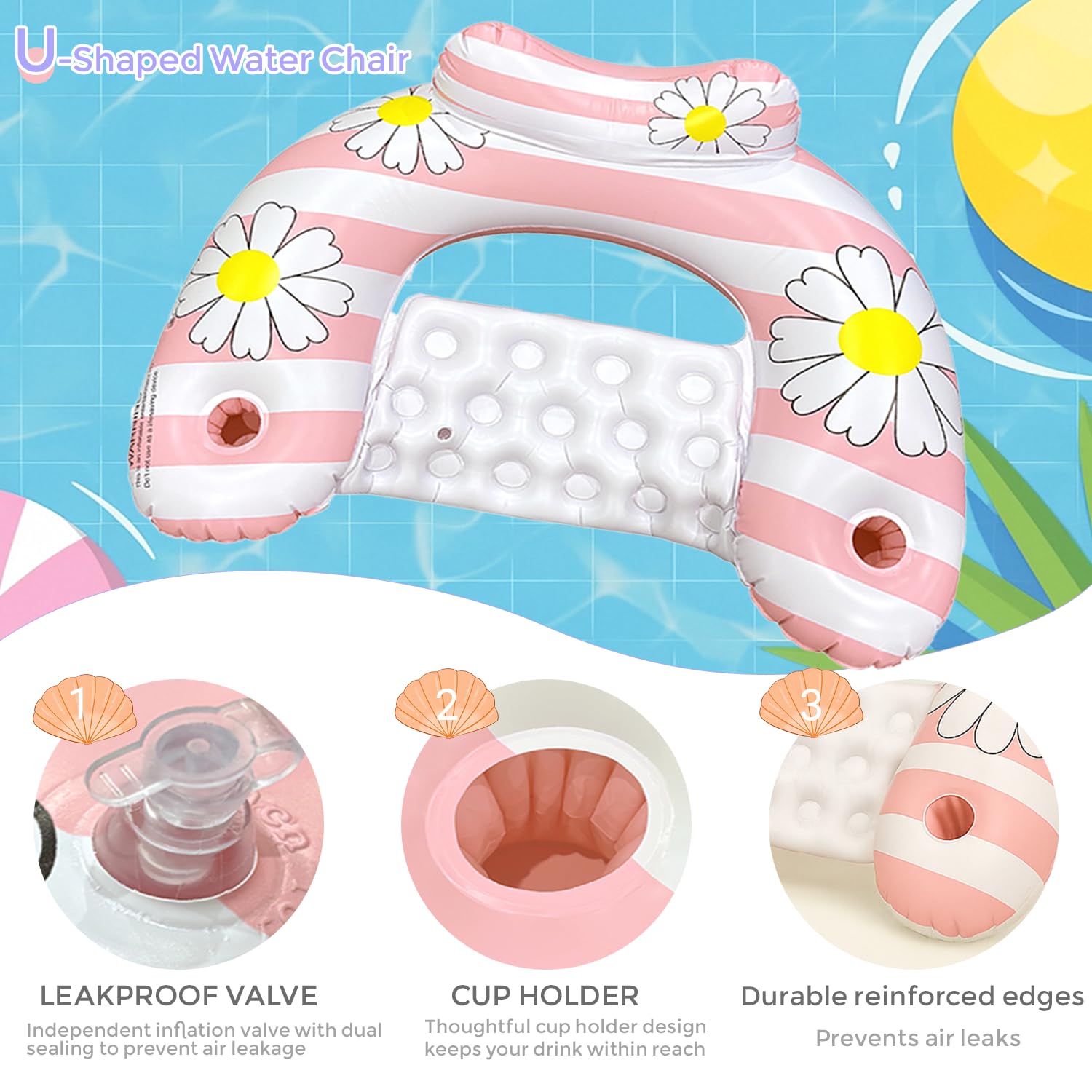 Daisy Inflatable Pool Floats 2-Pack for Adults: U-Shaped Lounge Chairs with Cup Holders, Portable for Pool, Beach, Summer Fun