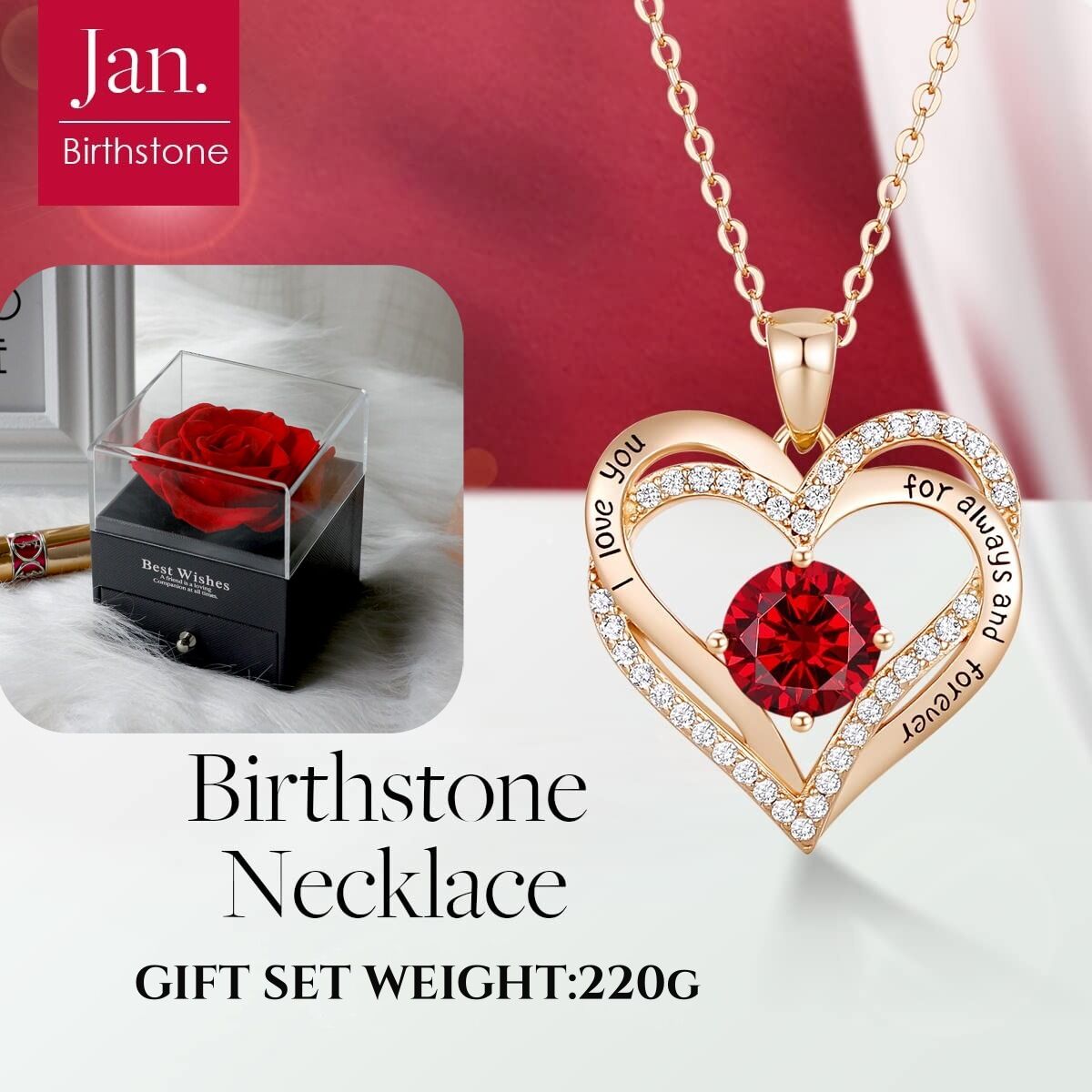 Forever Love Heart Birthstone Necklace: 925 Sterling Silver Personalized Jewelry for Mom, Wife, Friend with 12 Month Stone Options（red diamond,January）