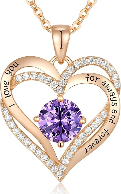 Forever Love Heart Birthstone Necklace: 925 Sterling Silver Personalized Jewelry for Mom, Wife, Friend with 12 Month Stone Options（purple diamond,February）