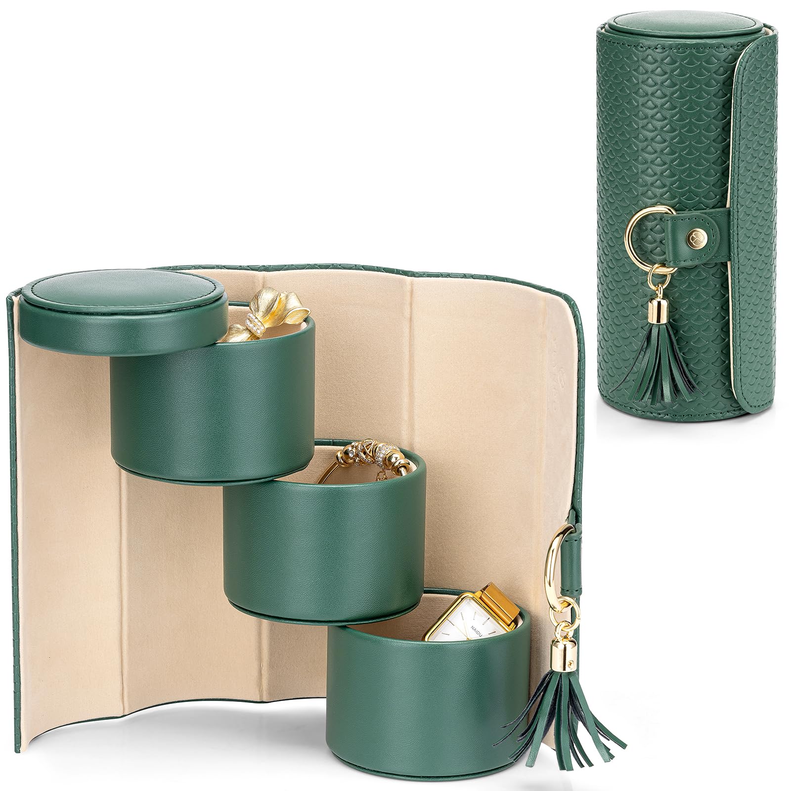 Green Travel Jewelry Case: 3-Layer PU Cylinder Organizer for Necklaces, Earrings, Gifts for Travelers & Jewelry Lovers