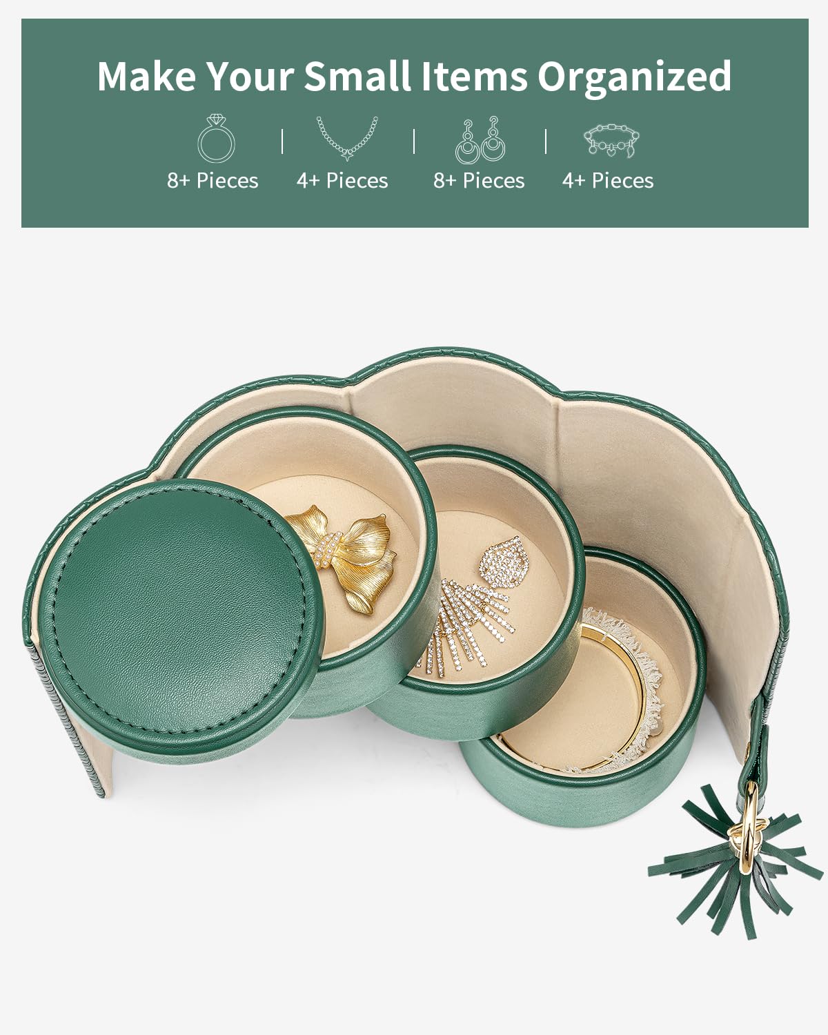 Green Travel Jewelry Case: 3-Layer PU Cylinder Organizer for Necklaces, Earrings, Gifts for Travelers & Jewelry Lovers