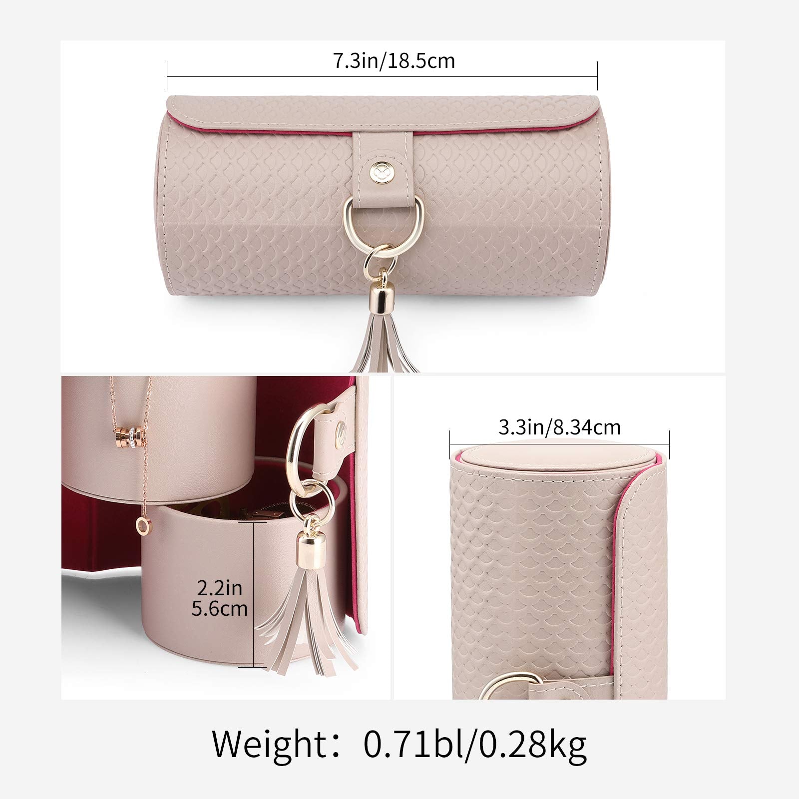 Grey Travel Jewelry Case: 3-Layer PU Cylinder Organizer for Necklaces, Earrings, Gifts for Travelers & Jewelry Lovers