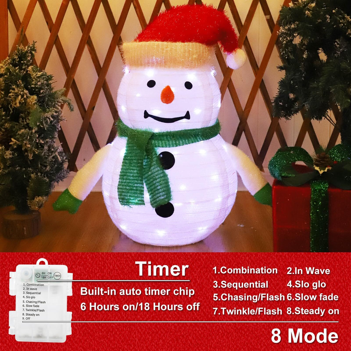2-Pack Lighted Christmas Snowman Decoration Lantern, 45 LED Collapsible Pop-Up Ornament with 8 Light Modes & Timer, Indoor Outdoor Holiday Décor