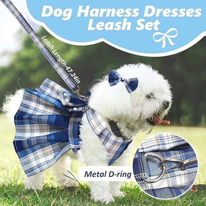 Pet products Dog Dress Bowknot Harness Leash Set for Small Dogs Girl Cute Plaid Dog Dress Pearls Bow Tie Spring Summer Princess Clothes Birthday Holiday Doggie Outfits for Puppy Cats Girl Apparel