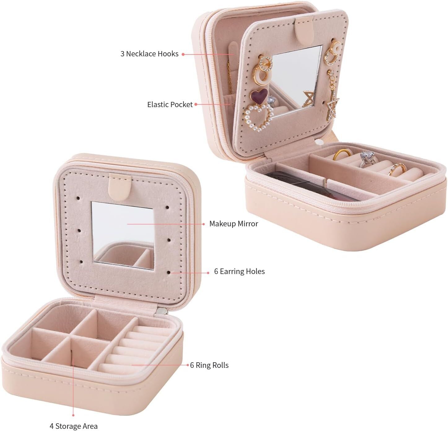 Pink Travel Jewelry Box with Mirror: Compact, Organised Storage for Rings, Necklaces & Earrings, Ideal for Aussies