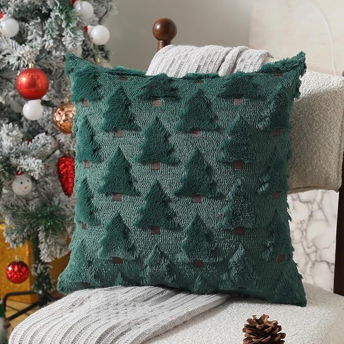 Christmas Pillow Covers 18x18 inch Set of 2 Black Christmas Decorations Soft Plush Faux Fur Wool Xmas Tree Throw Pillow Cases Winter Holiday Decor for Sofa Living Room