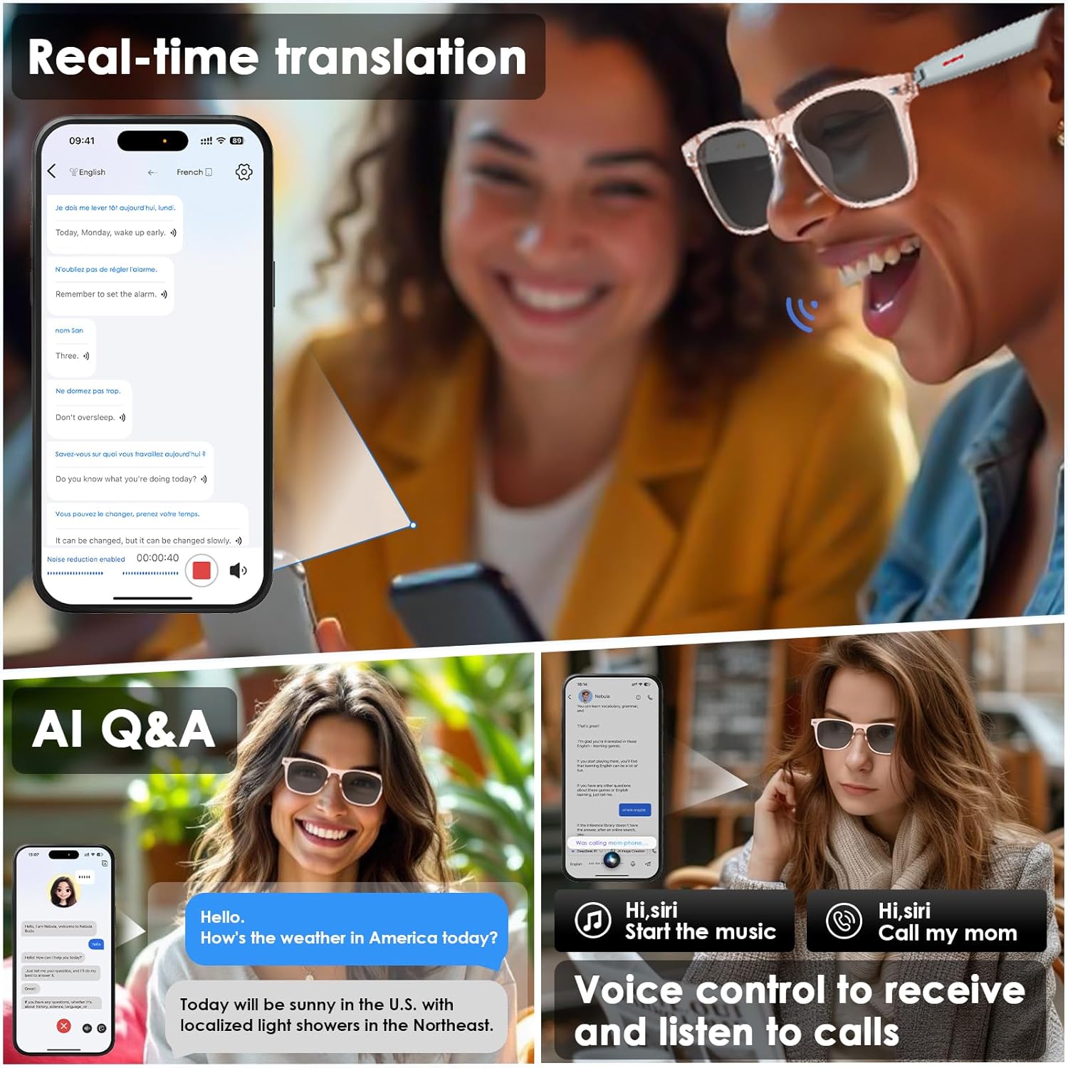 AI Smart Translation Sunglasses: UV400, Bluetooth, 110+ Languages, Voice Control – Ideal for Travel & Work (Pink)