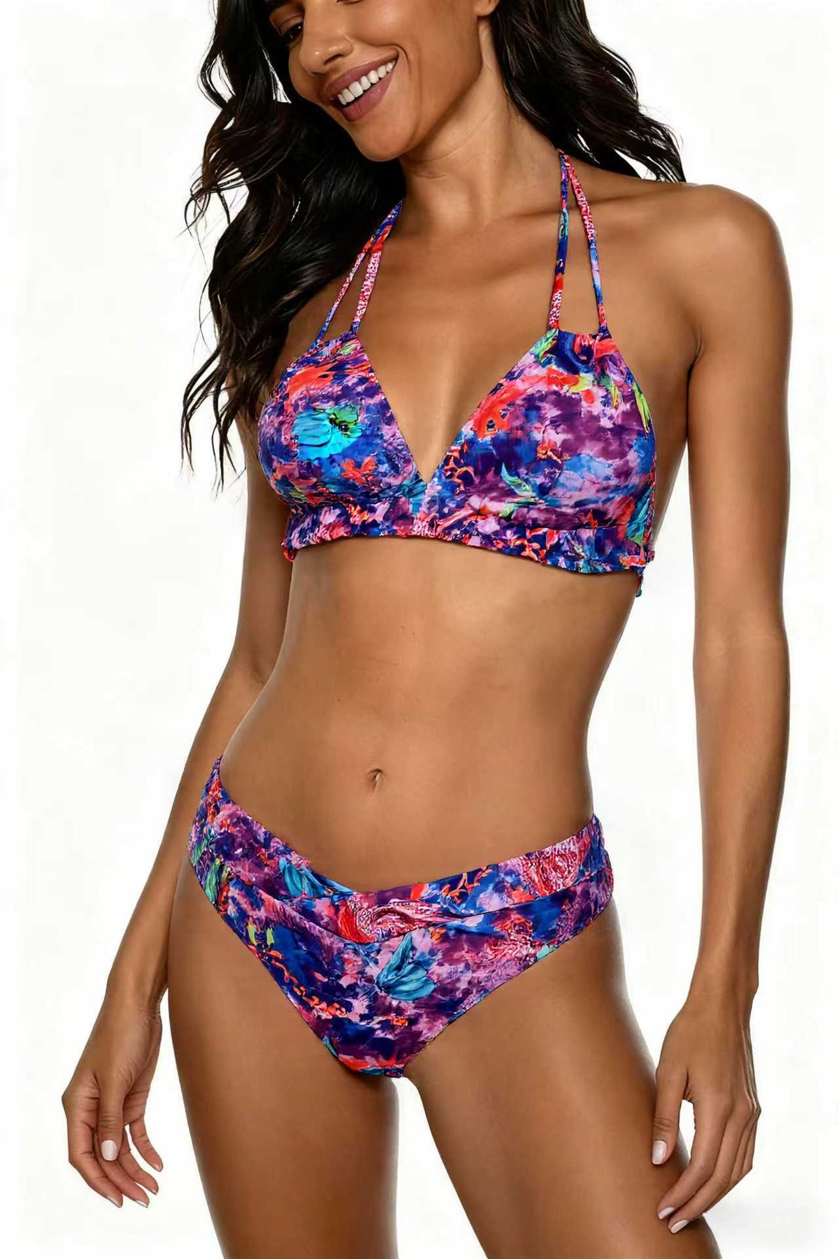 Double Strap Tie-Dye Cosmic Pattern Print Bikini Deep V Swimwear Tie-Dye Swimsuit Size S