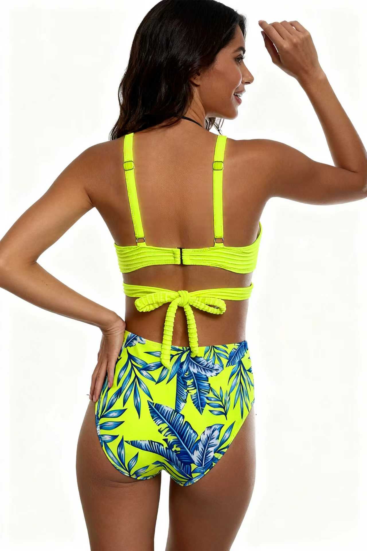 Fluorescent Yellow Crossover Design Bikini Palm Leaf Print Swimwear Size XL