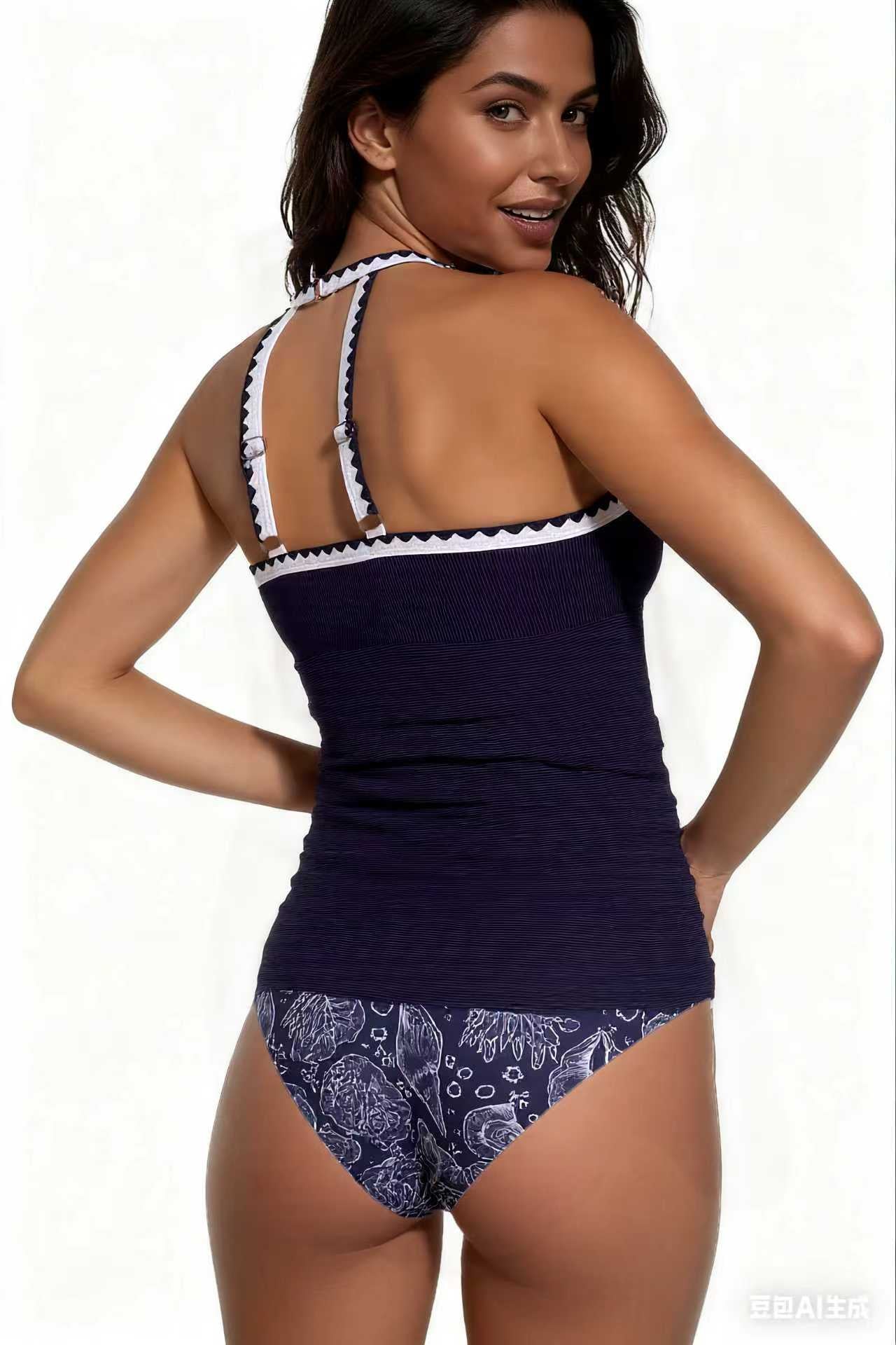 Spot Eco-friendly Fabric Navy Round Neck Swimsuit Sexy Tankini Size M