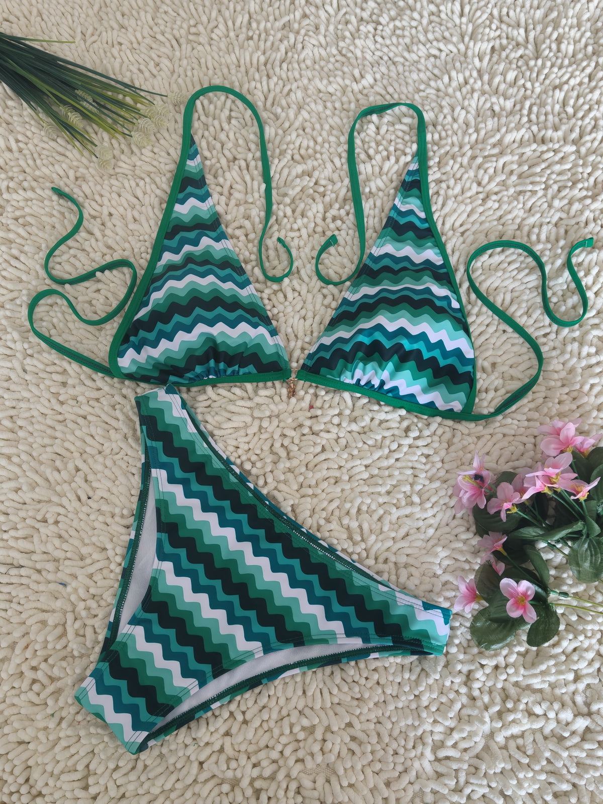 Lake Blue Halter Neck Swimwear with Wave Pattern for Women Size M