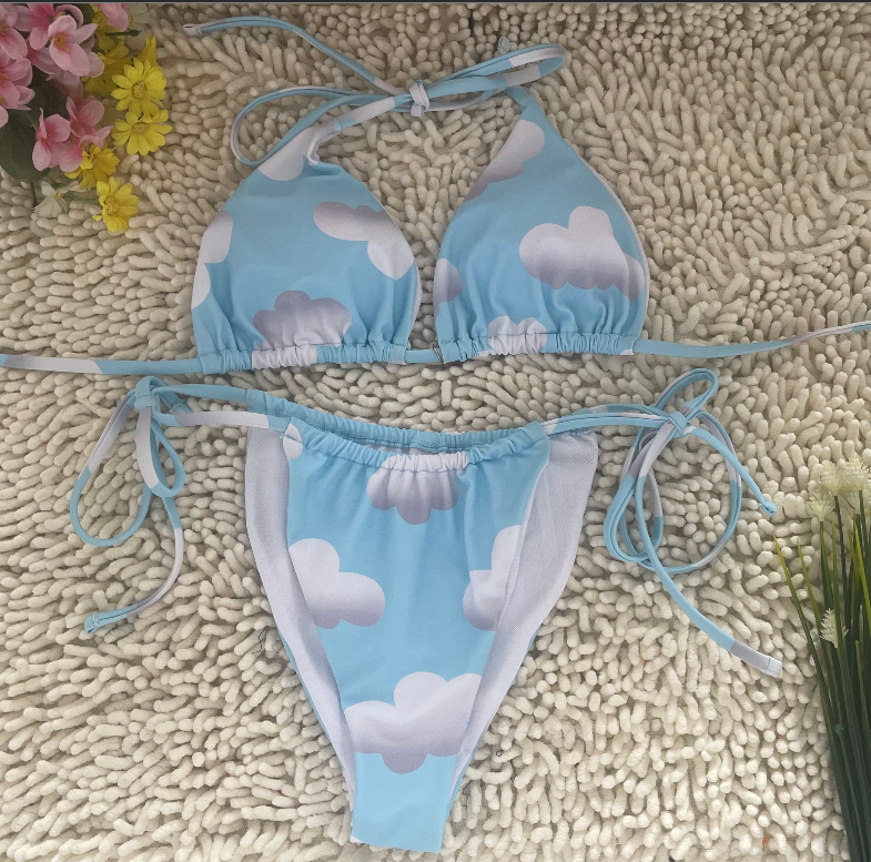 White Clouds Cute Bikini Sky Blue Deep V Tie Swimsuit Size S