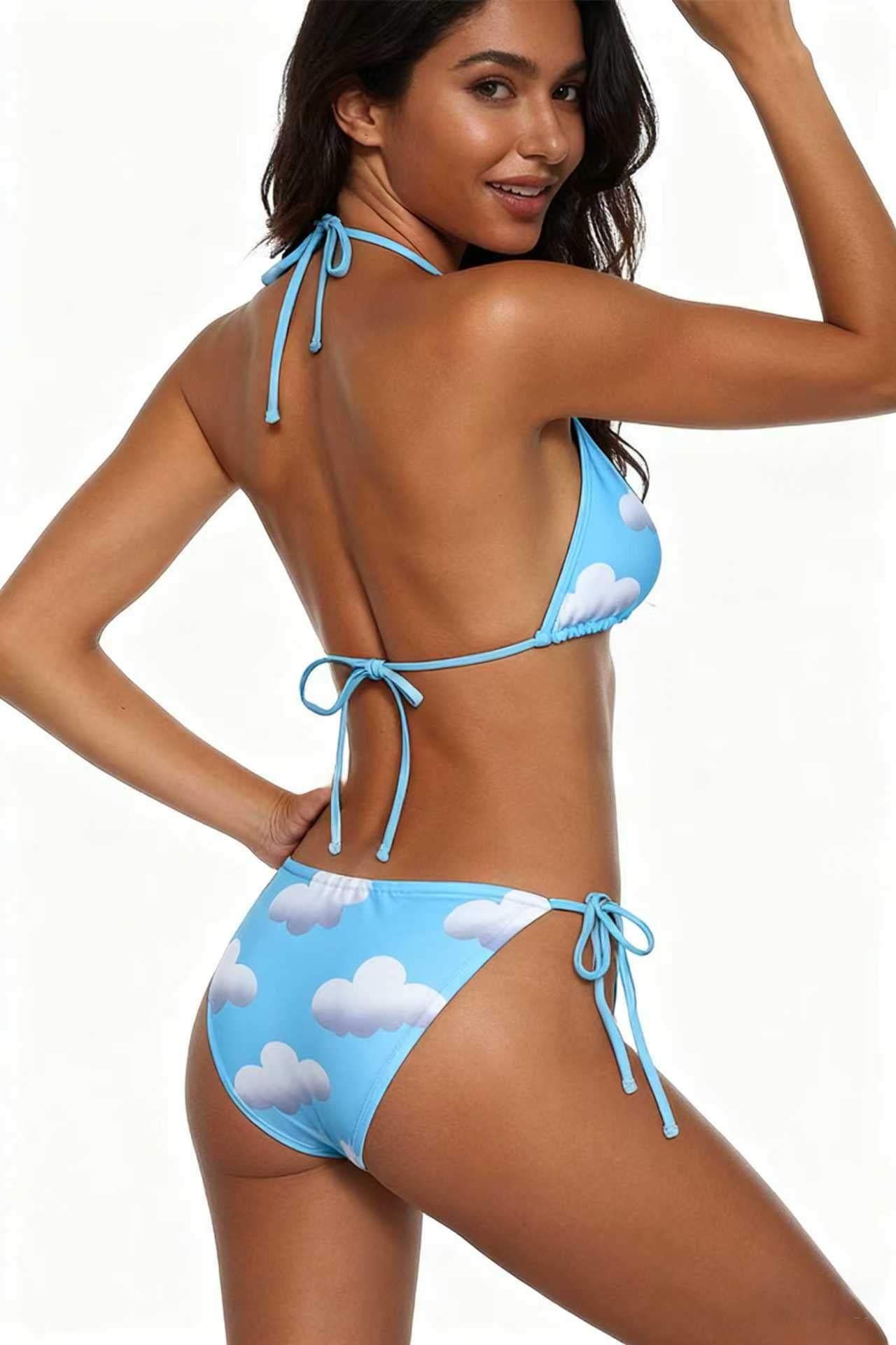 White Clouds Cute Bikini Sky Blue Deep V Tie Swimsuit Size M