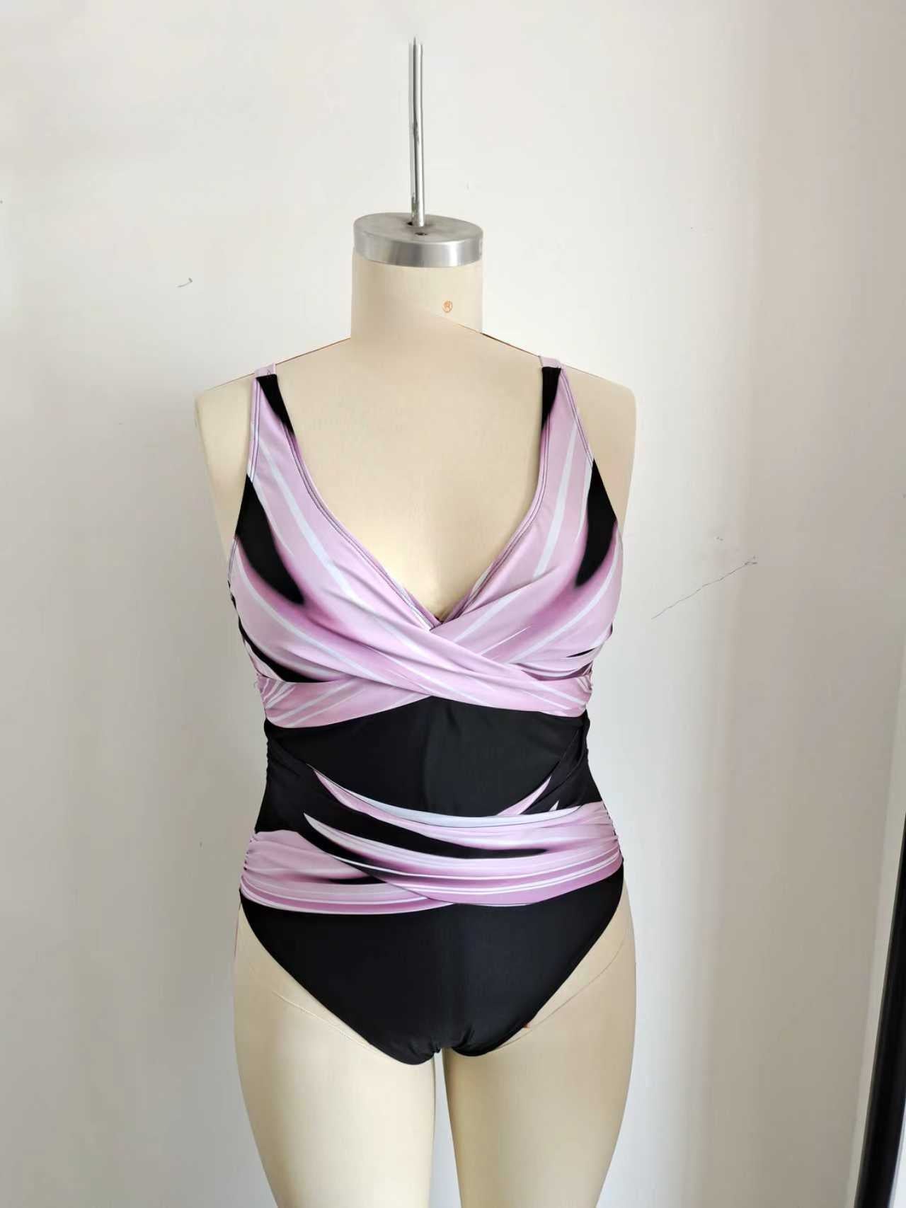 Plus Size One-Piece Deep V-Neck Swimsuit with Waist Tie Design Size 2XL