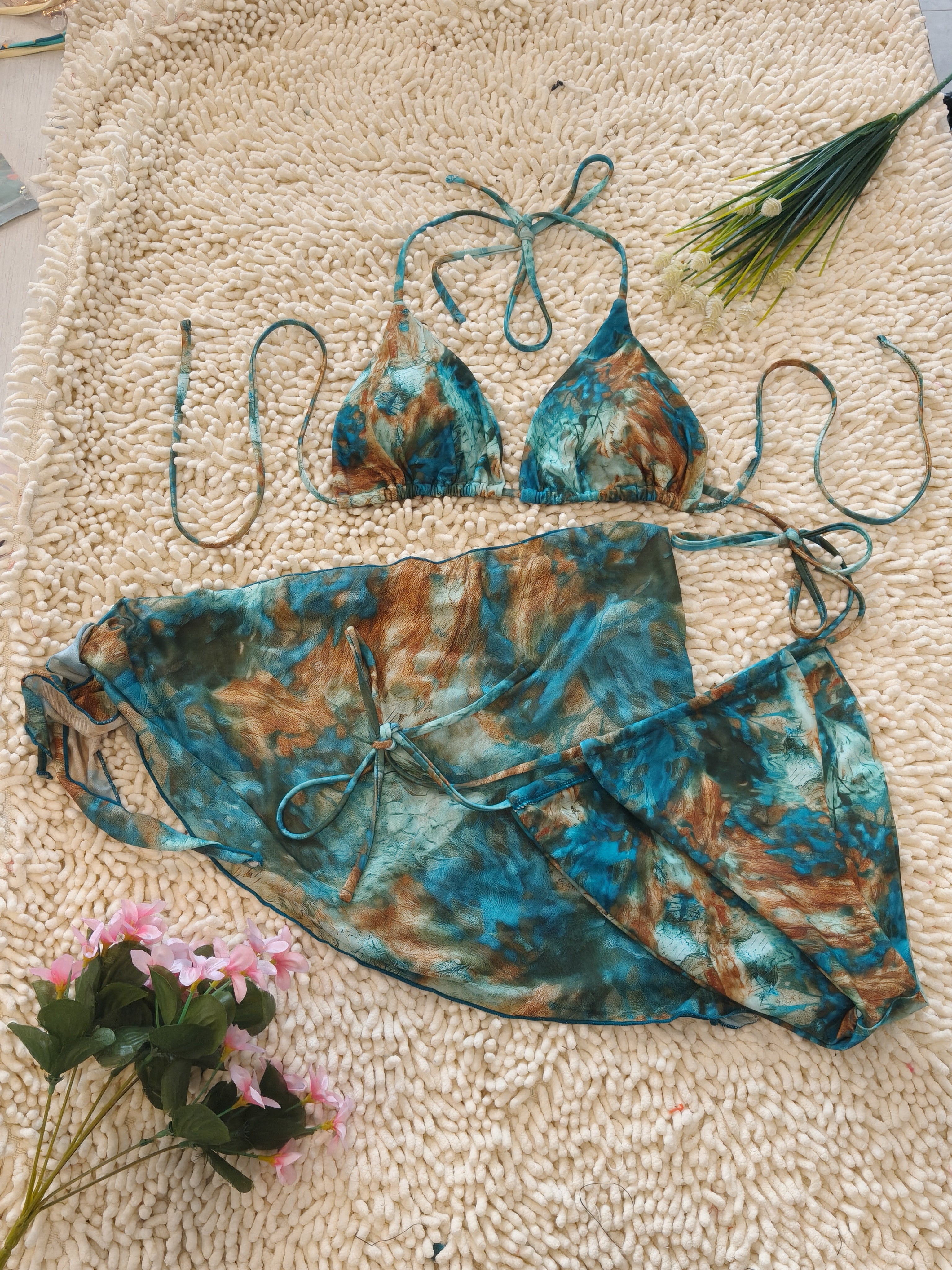 Triangle Brazilian Printed Vacation Style Swimsuit Textured 3 Piece Bikini Size S