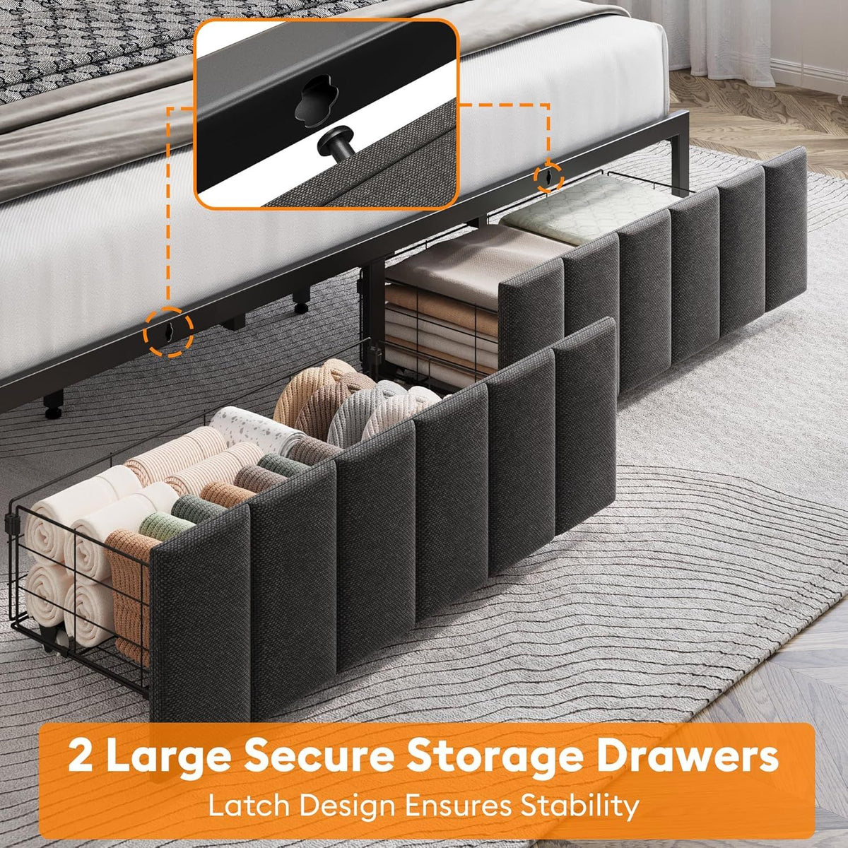 King Bed Frame with 2 Storage Drawers and LED Lights Headboard, Upholstered Bed Frame with Charging Station, No Box Spring Needed, Easy Assembly - Grey