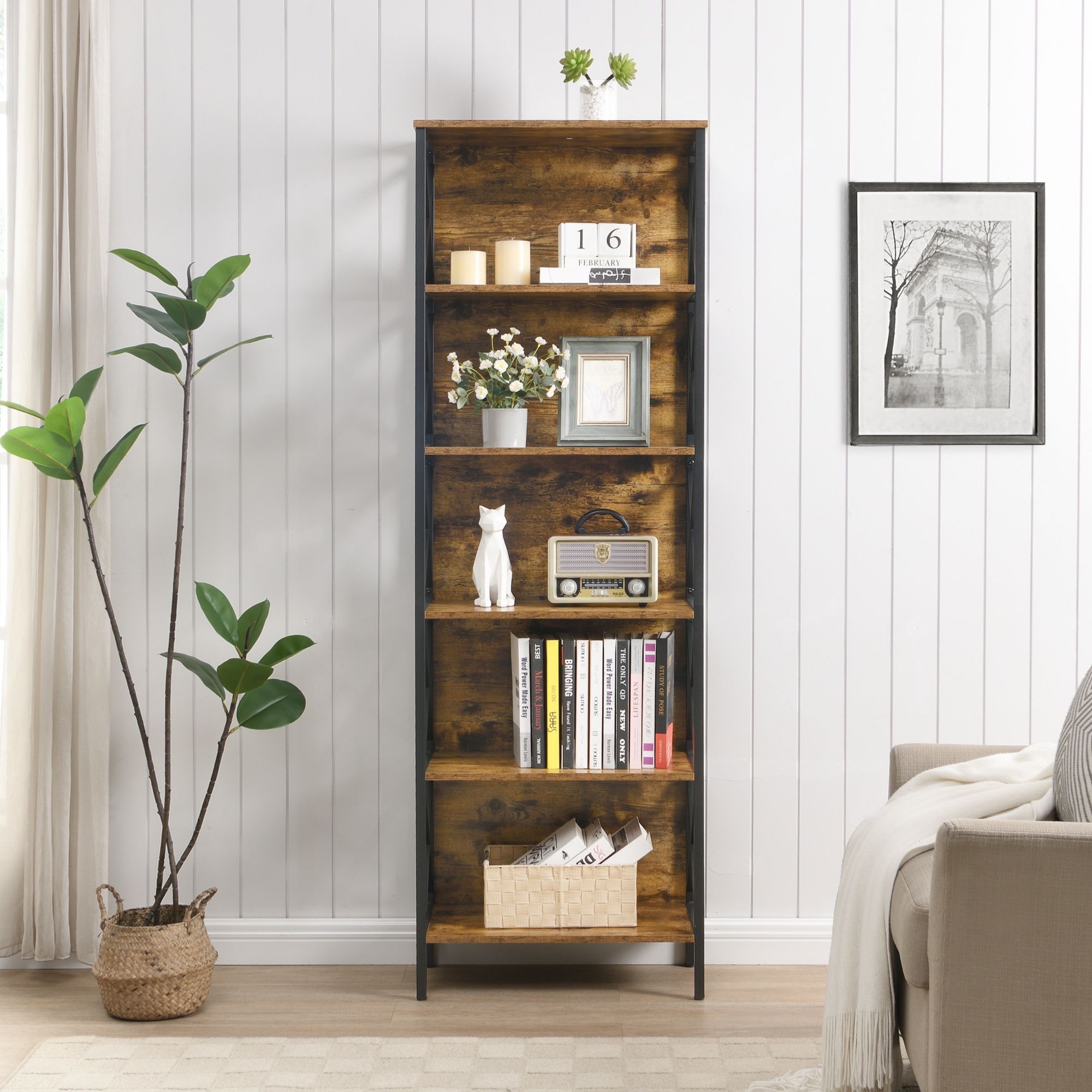 6 Tier Tall Bookshelf, Rustic Brown