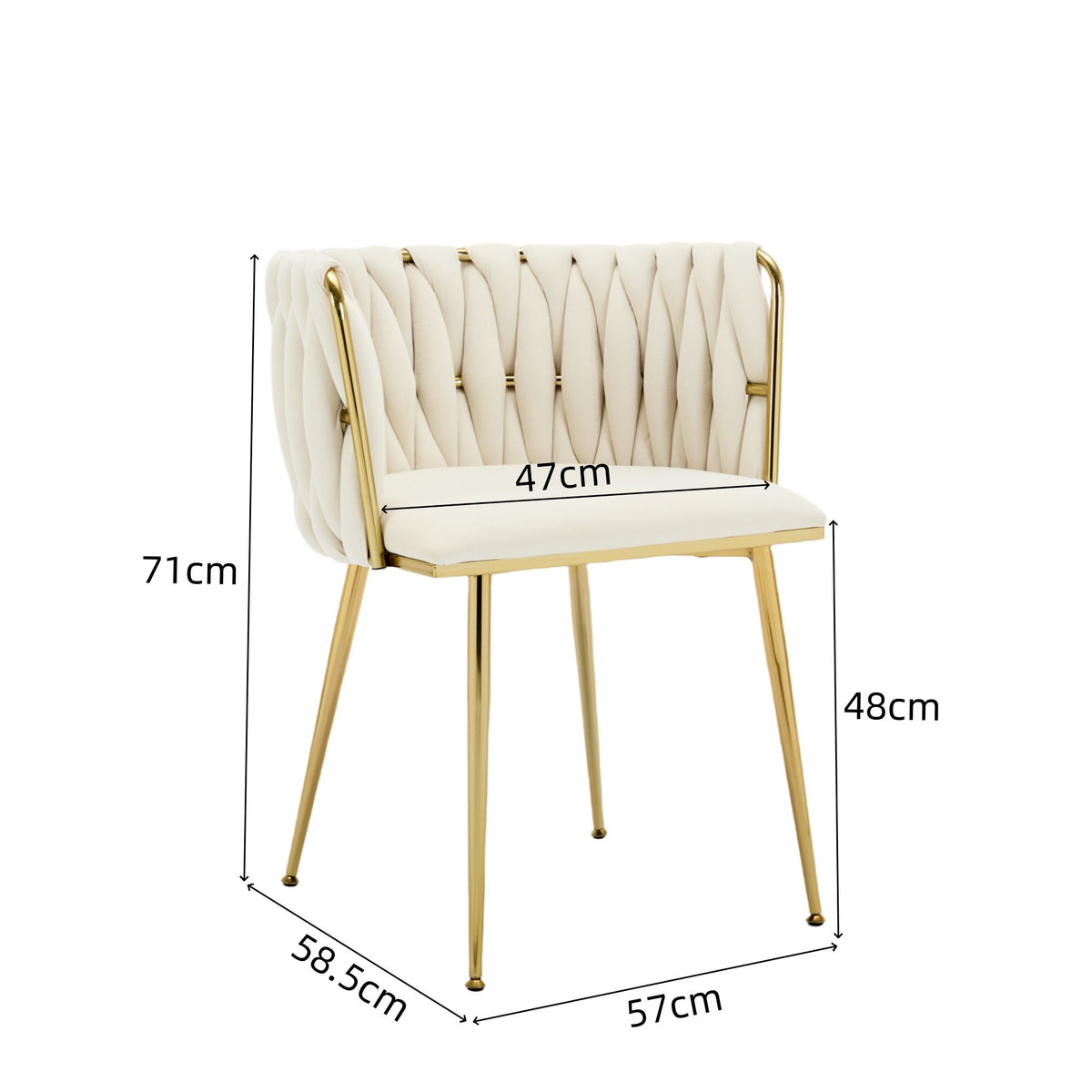Set of 2 Velvet Upholstered Woven Dining Chairs with Golden Metal Legs, Beige