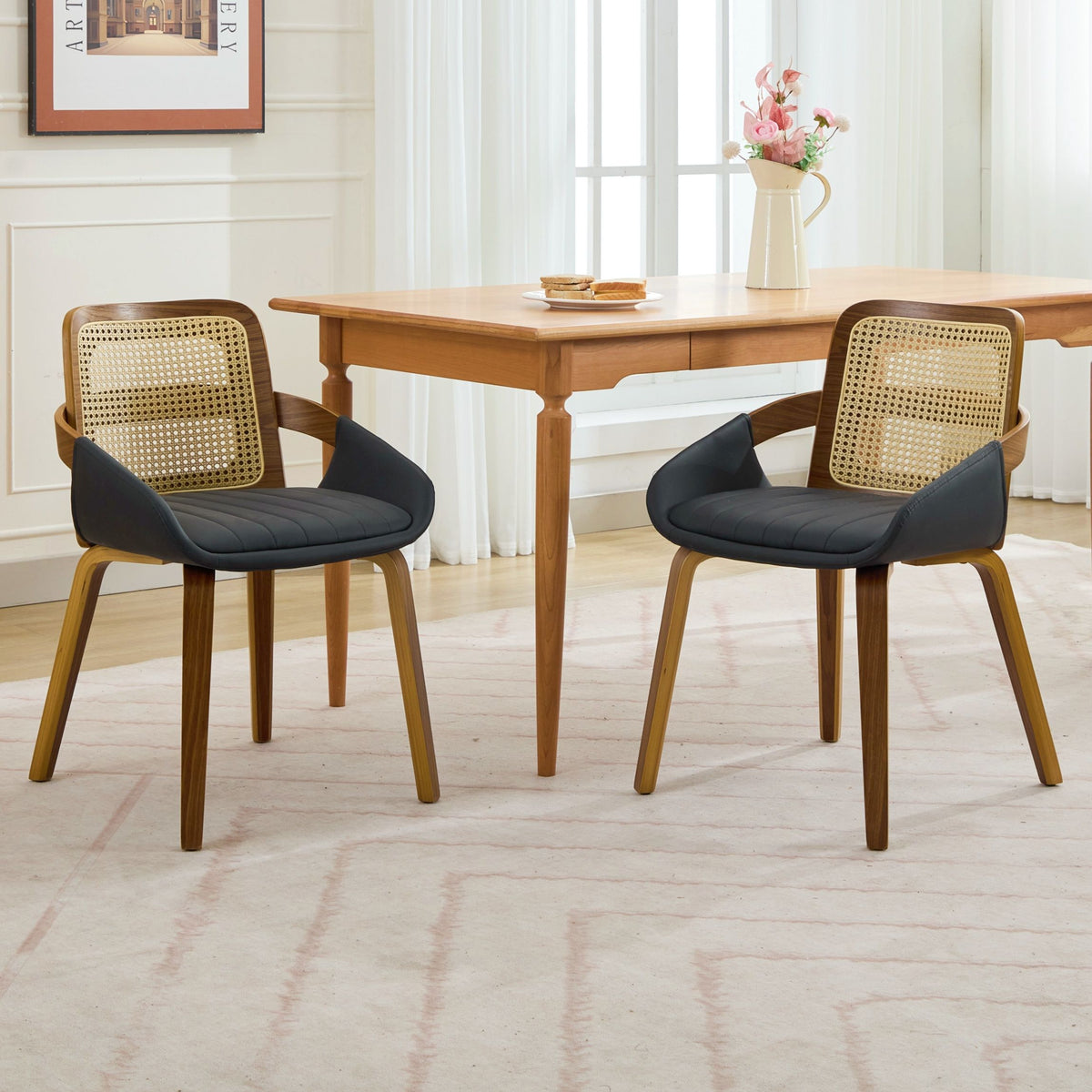 Set of 2 Rattan Back Dining Chairs, Black Faux Leather
