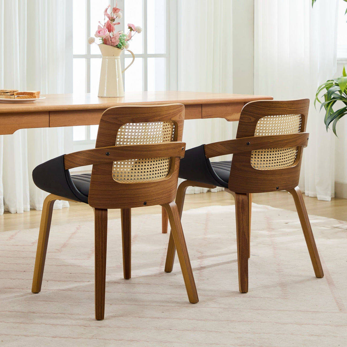 Set of 2 Rattan Back Dining Chairs, Black Faux Leather