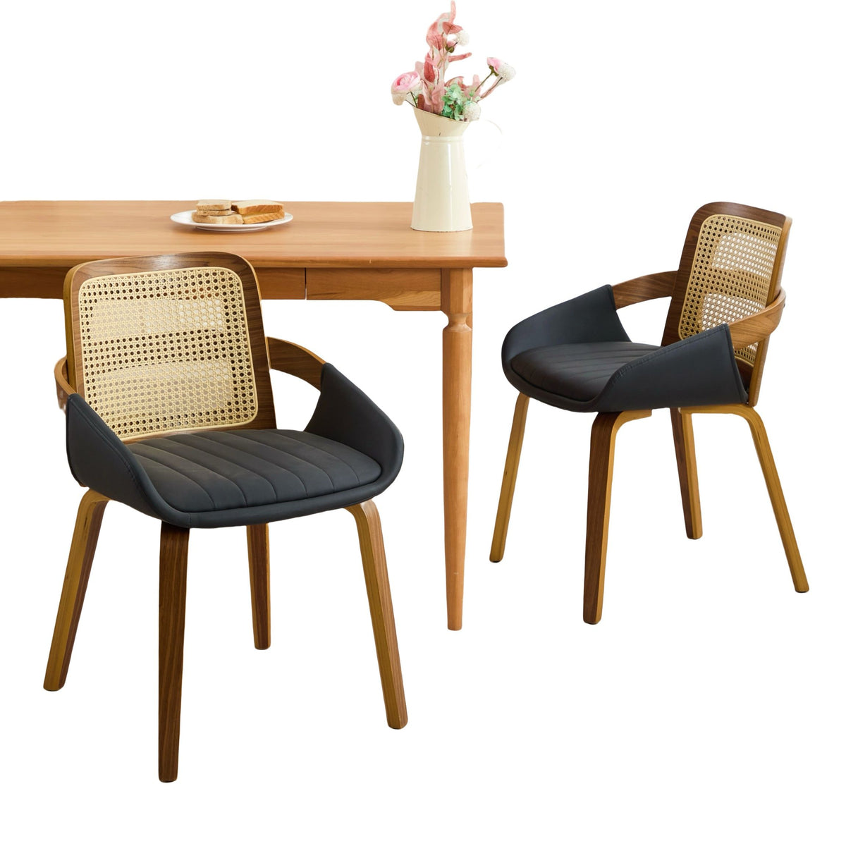 Set of 2 Rattan Back Dining Chairs, Black Faux Leather