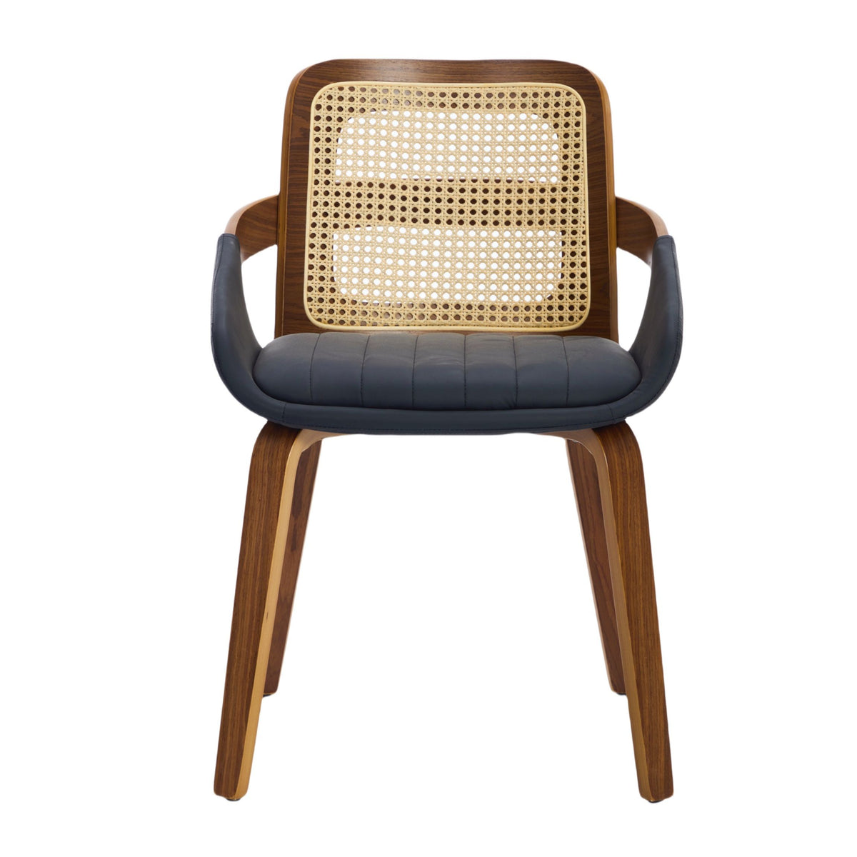 Set of 2 Rattan Back Dining Chairs, Black Faux Leather