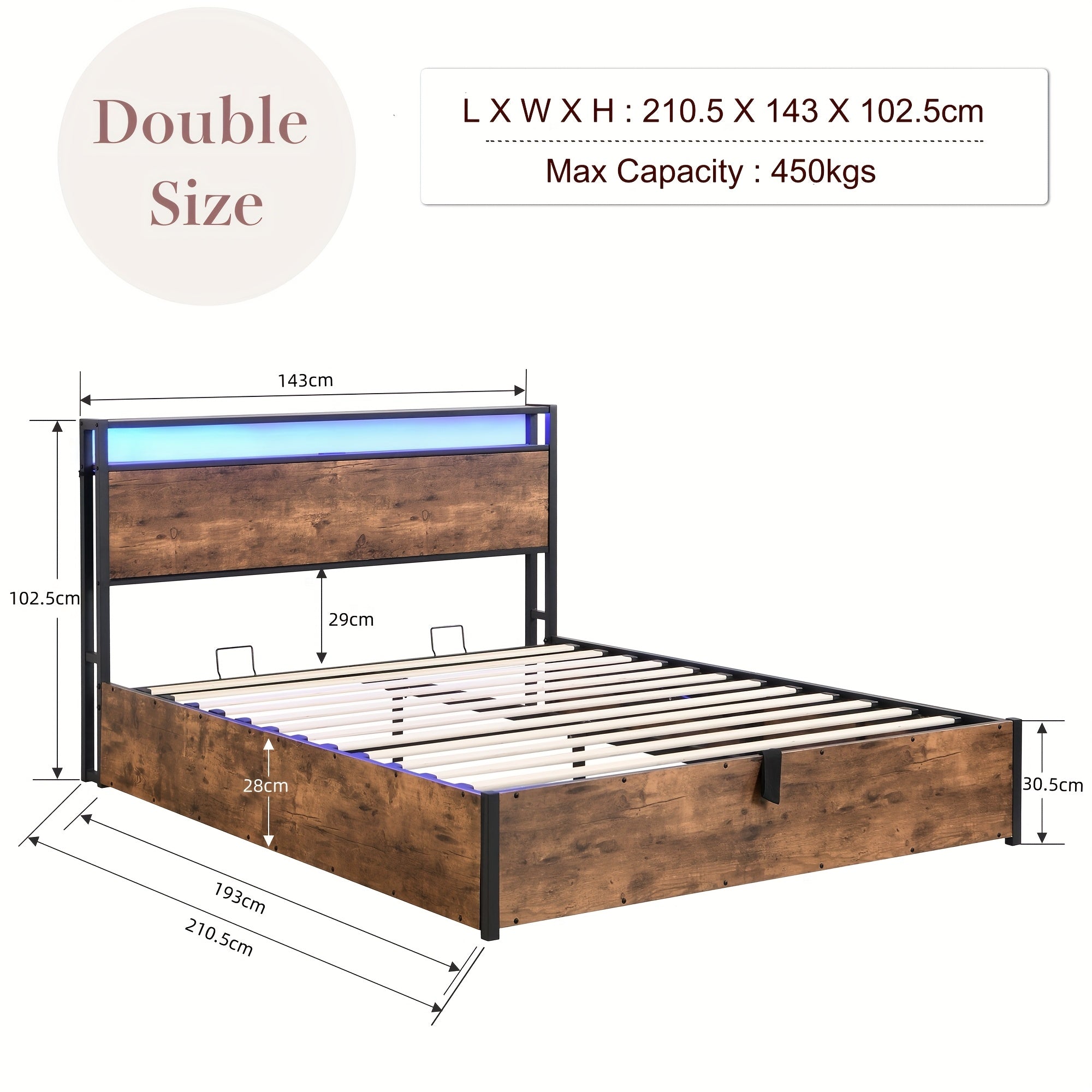 Gas Lift Bed Frame with Storage, Double Size Wooden Slats Platform Bed Frame with LED Lights and Charging Station, No Box Spring Needed, Noise Free, Rustic Brown
