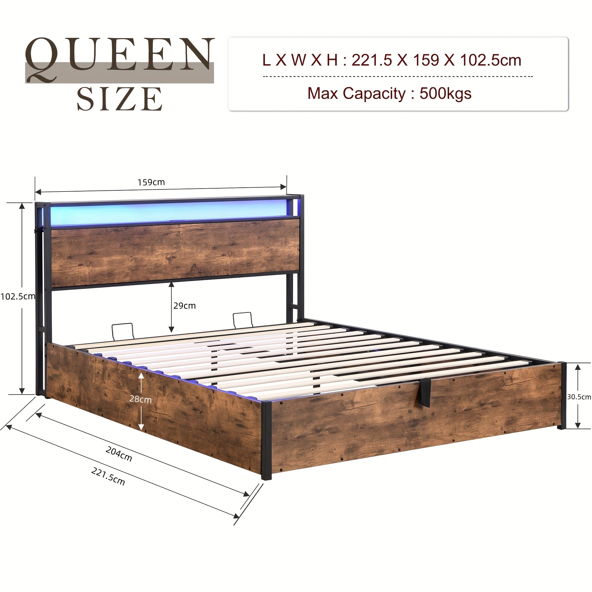 Gas Lift Bed Frame with Storage, Queen Size Wooden Slats Platform Bed Frame with LED Lights and Charging Station, No Box Spring Needed, Noise Free, Rustic Brown