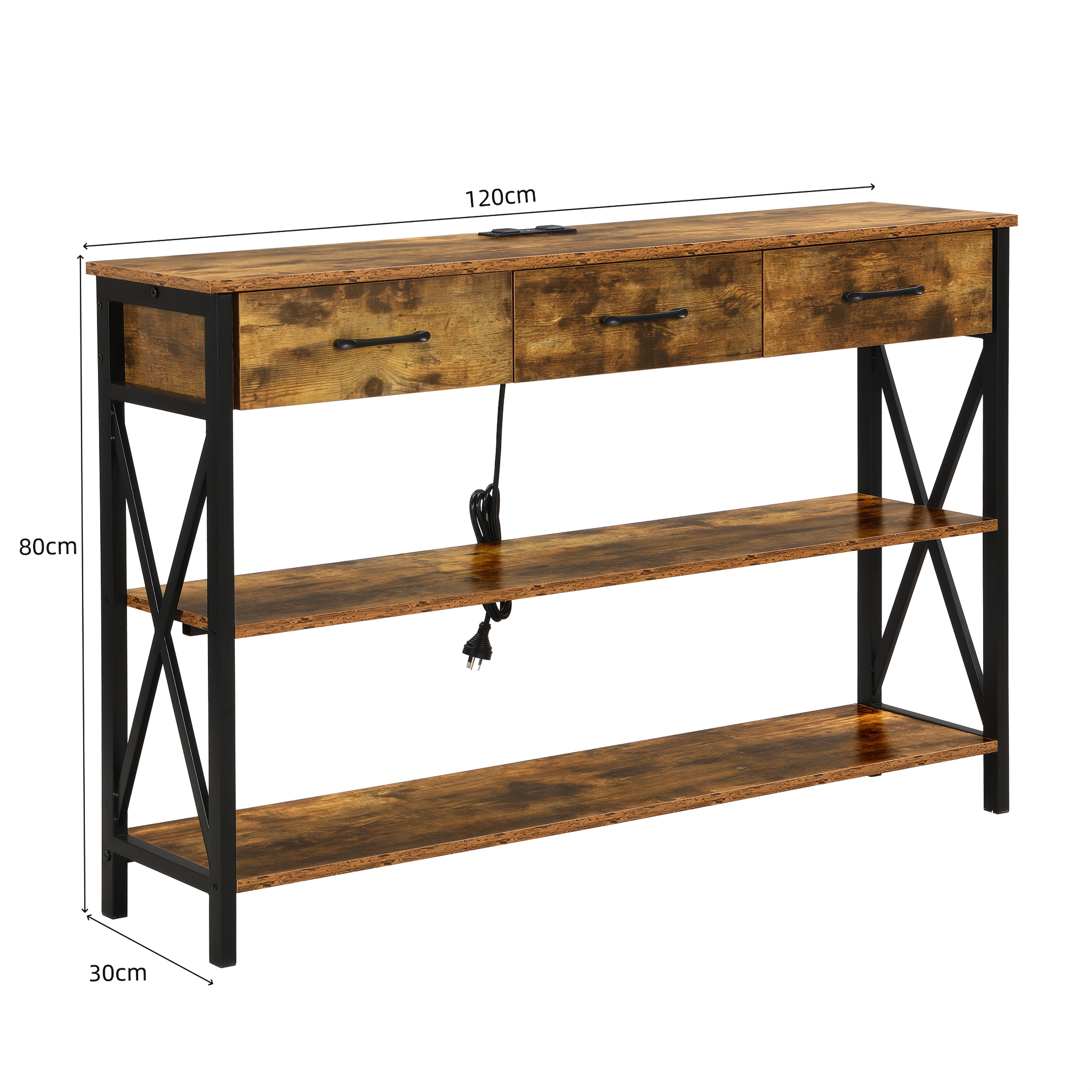 Console Table with 3 Drawers, Industrial Entryway Table with 3 Tier Storage Shelves