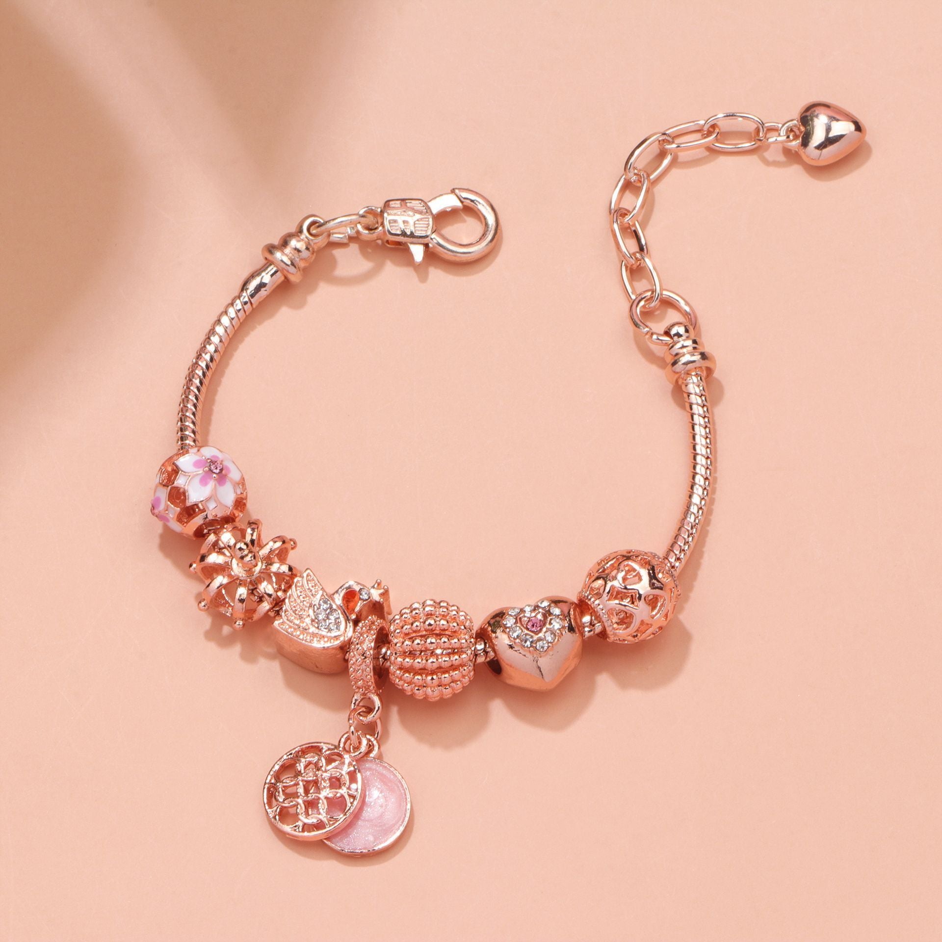 Hollow Crystal-Encrusted Swan Crown Flower Heart Bracelet(rose gold,17cm)