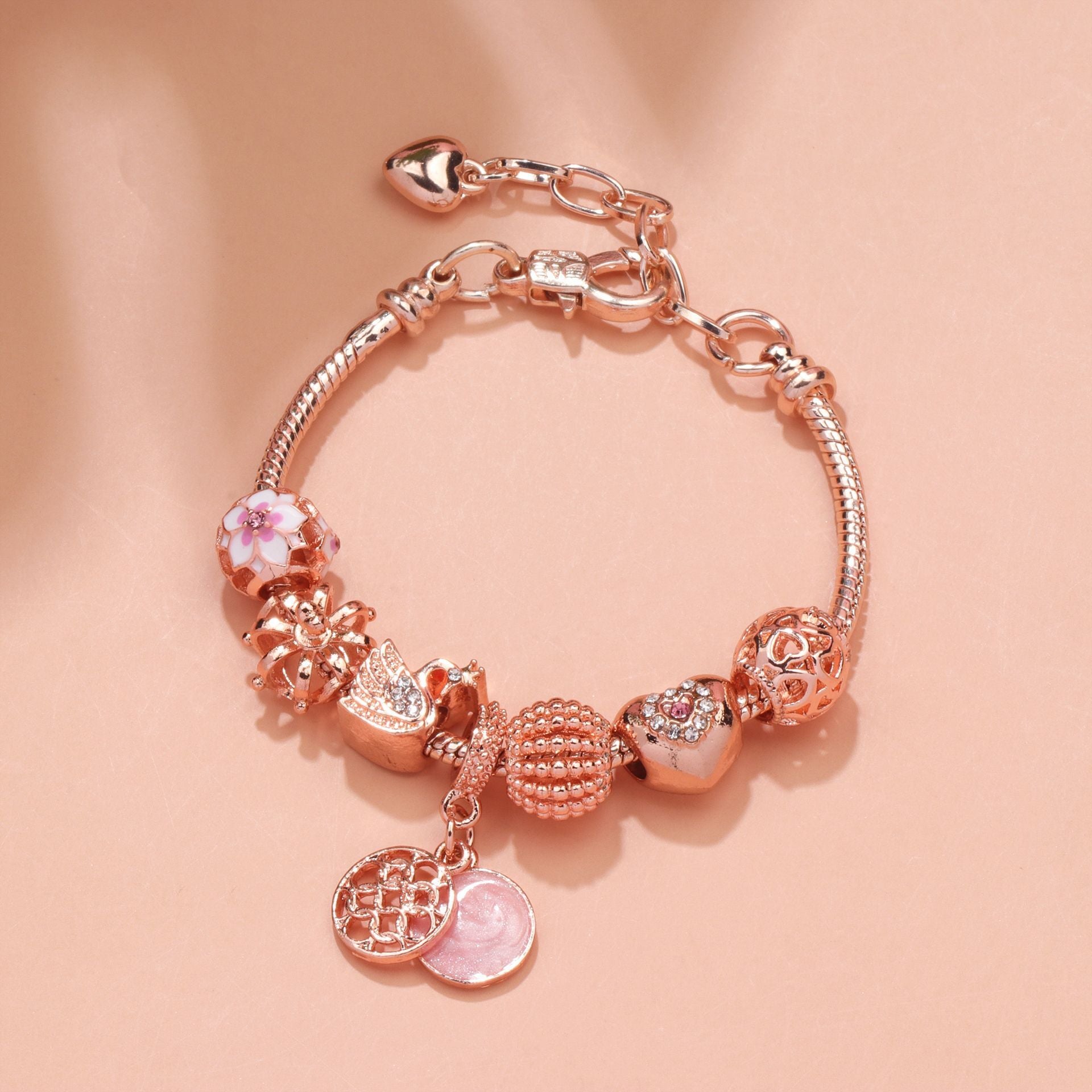 Hollow Crystal-Encrusted Swan Crown Flower Heart Bracelet(rose gold,17cm)